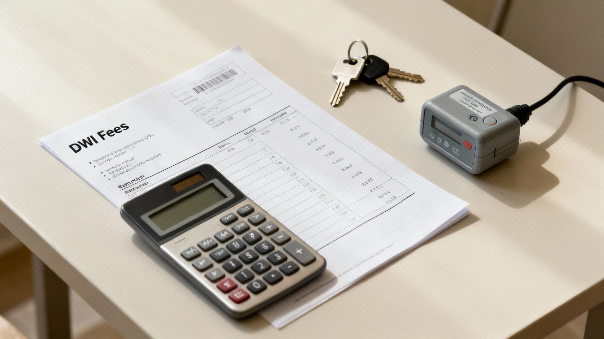 A person looking worried while holding several bills, symbolizing the financial stress of a DWI.