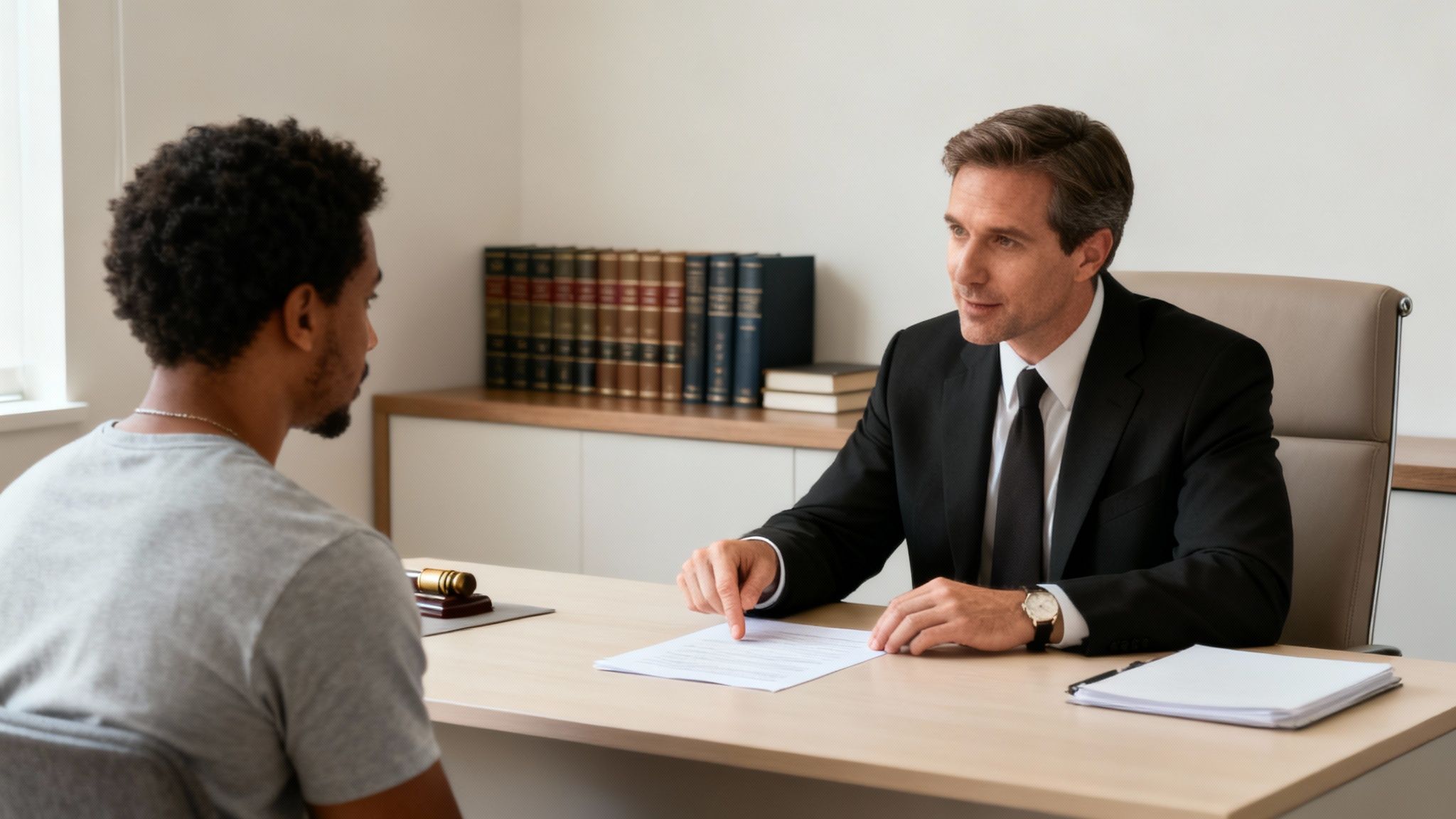 Lawyer consulting with a client in an office, discussing eviction case details with legal documents and law books in the background.
