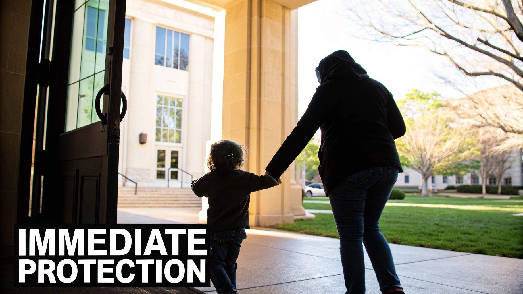 A silhouette of a parent and child holding hands, walking towards a courthouse for protection.
