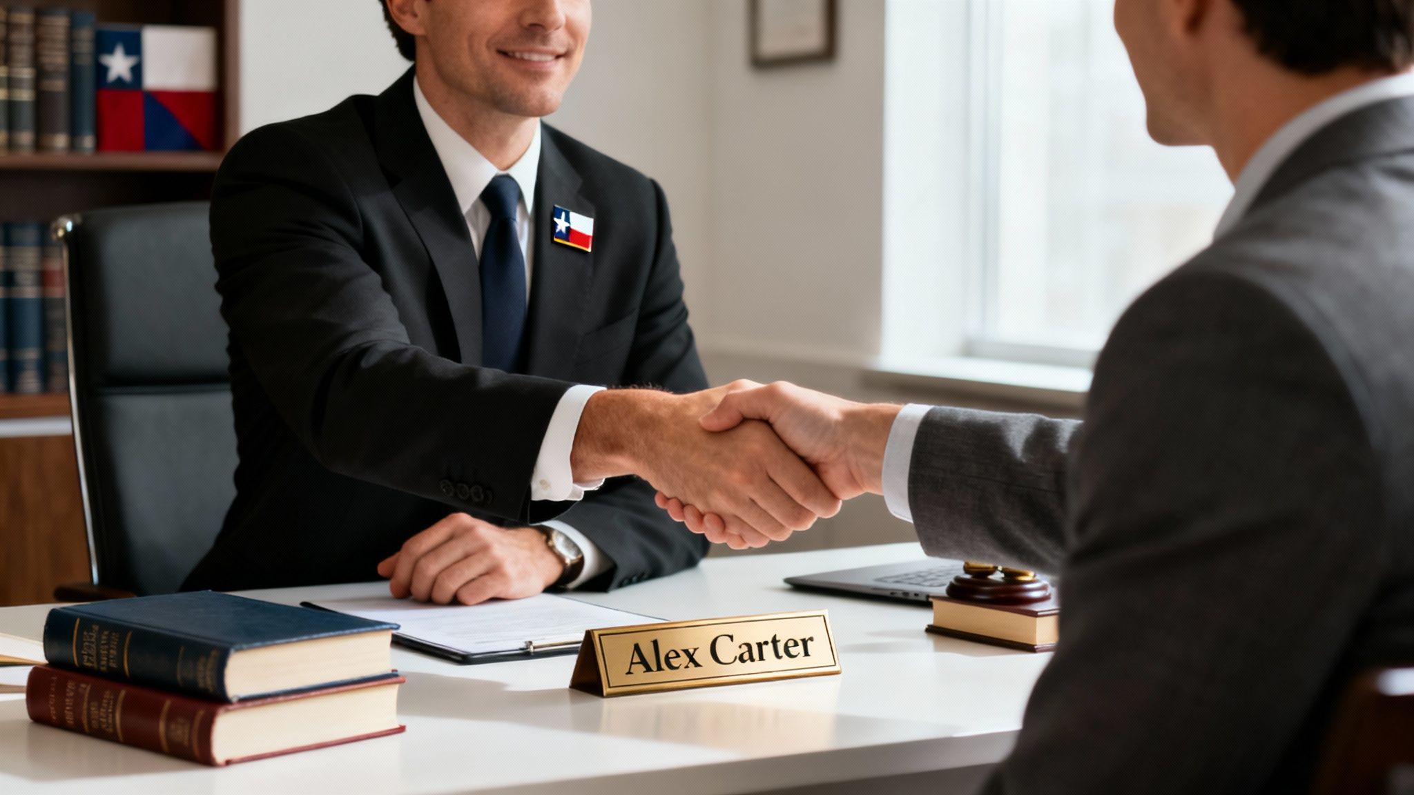 An attorney reviewing a case file with a client in an office.