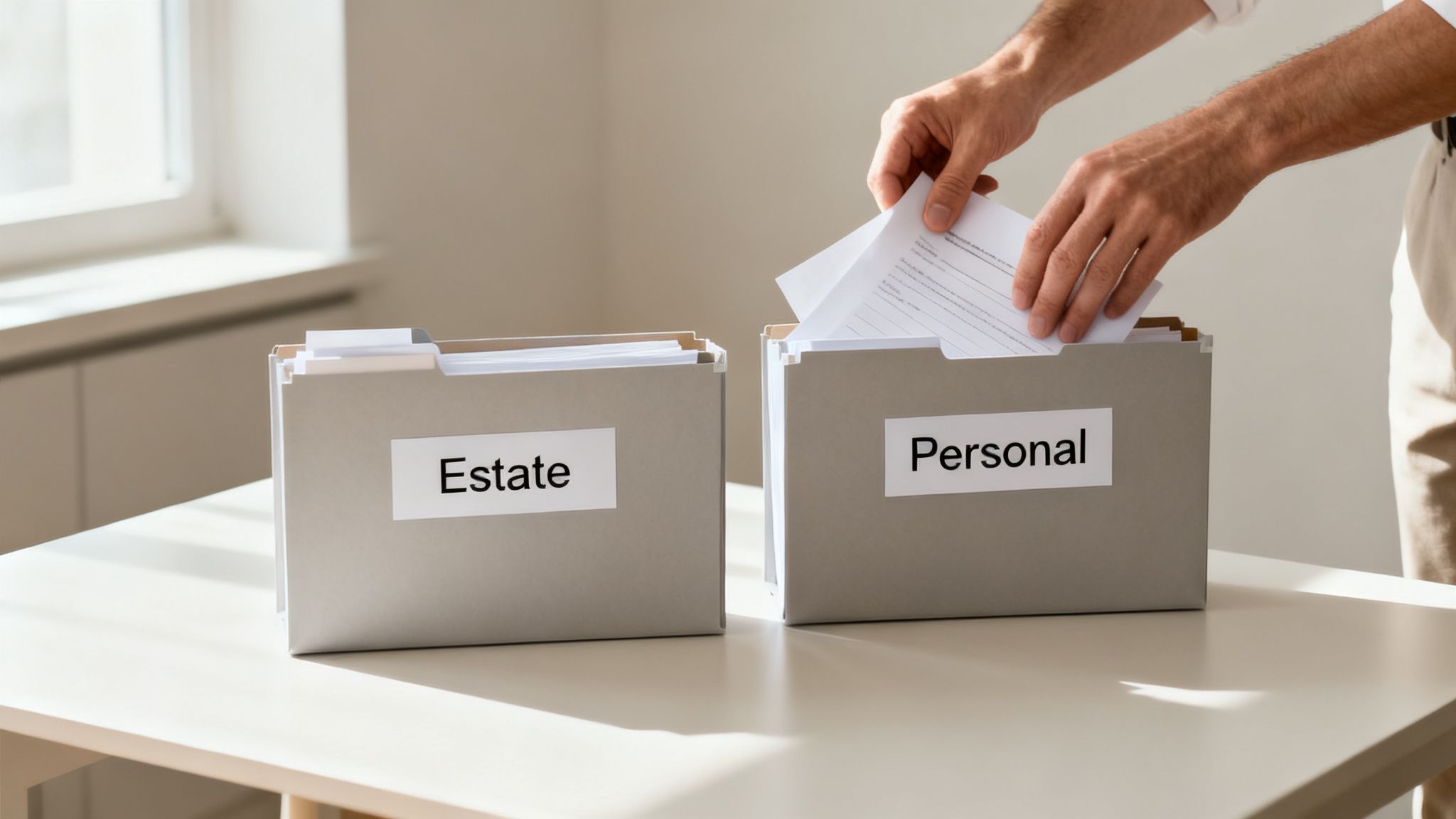 A person organizes documents, placing them into file boxes labeled "Personal" and "Estate."