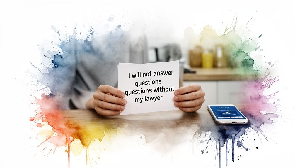 Person holding a sign: 'I will not answer questions without my lawyer,' with a smartphone nearby.