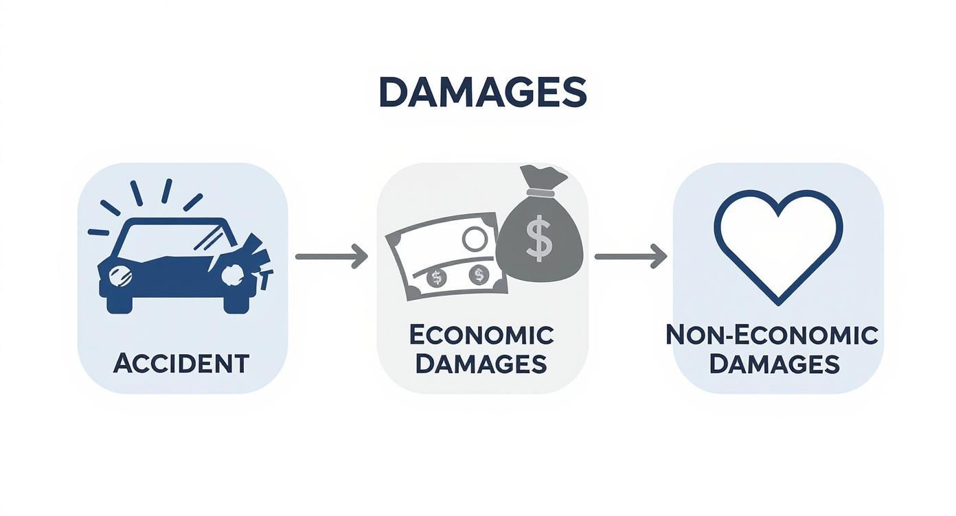 Flowchart illustrating how an accident results in economic and non-economic damages categories.