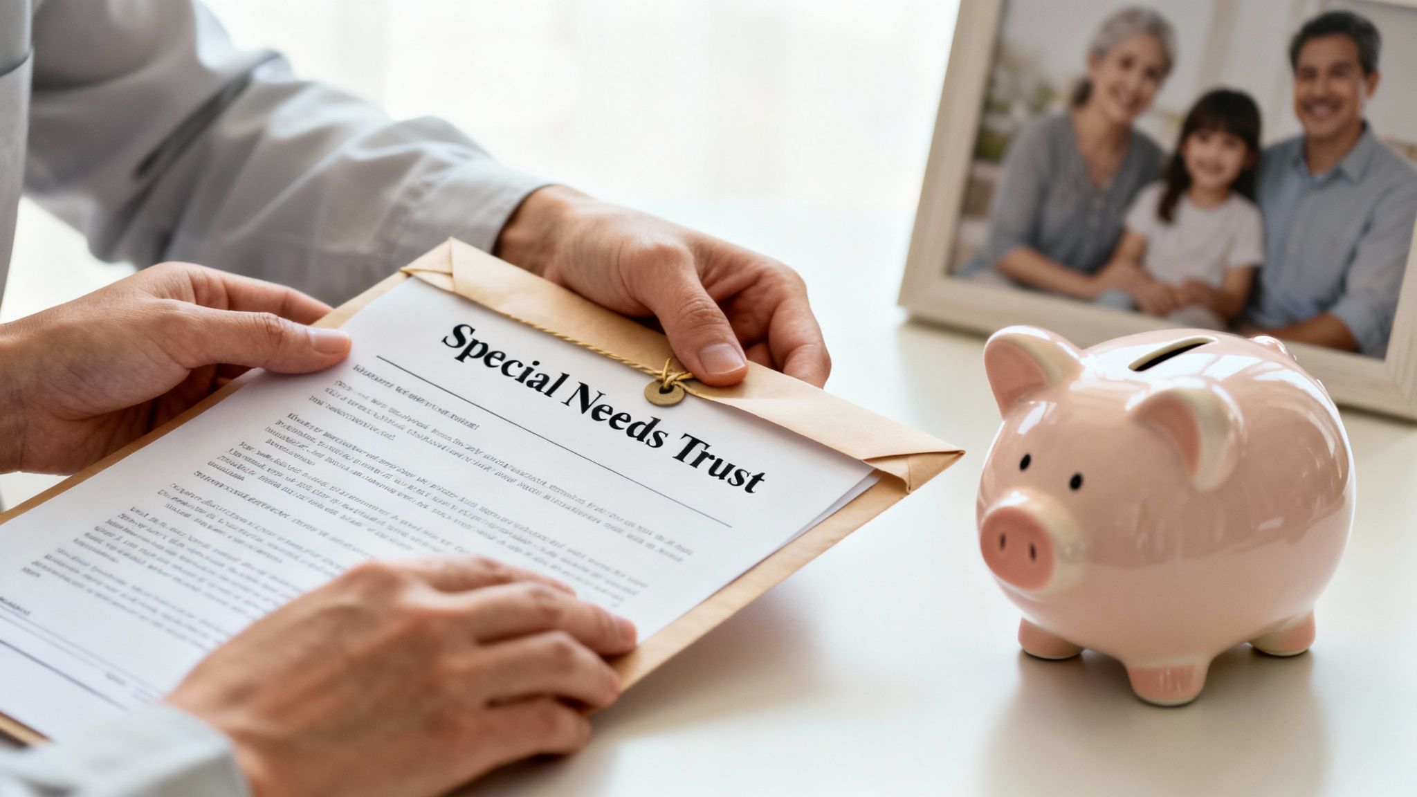 Hands holding a 'Special Needs Trust' document, with a piggy bank and family photo in the background.