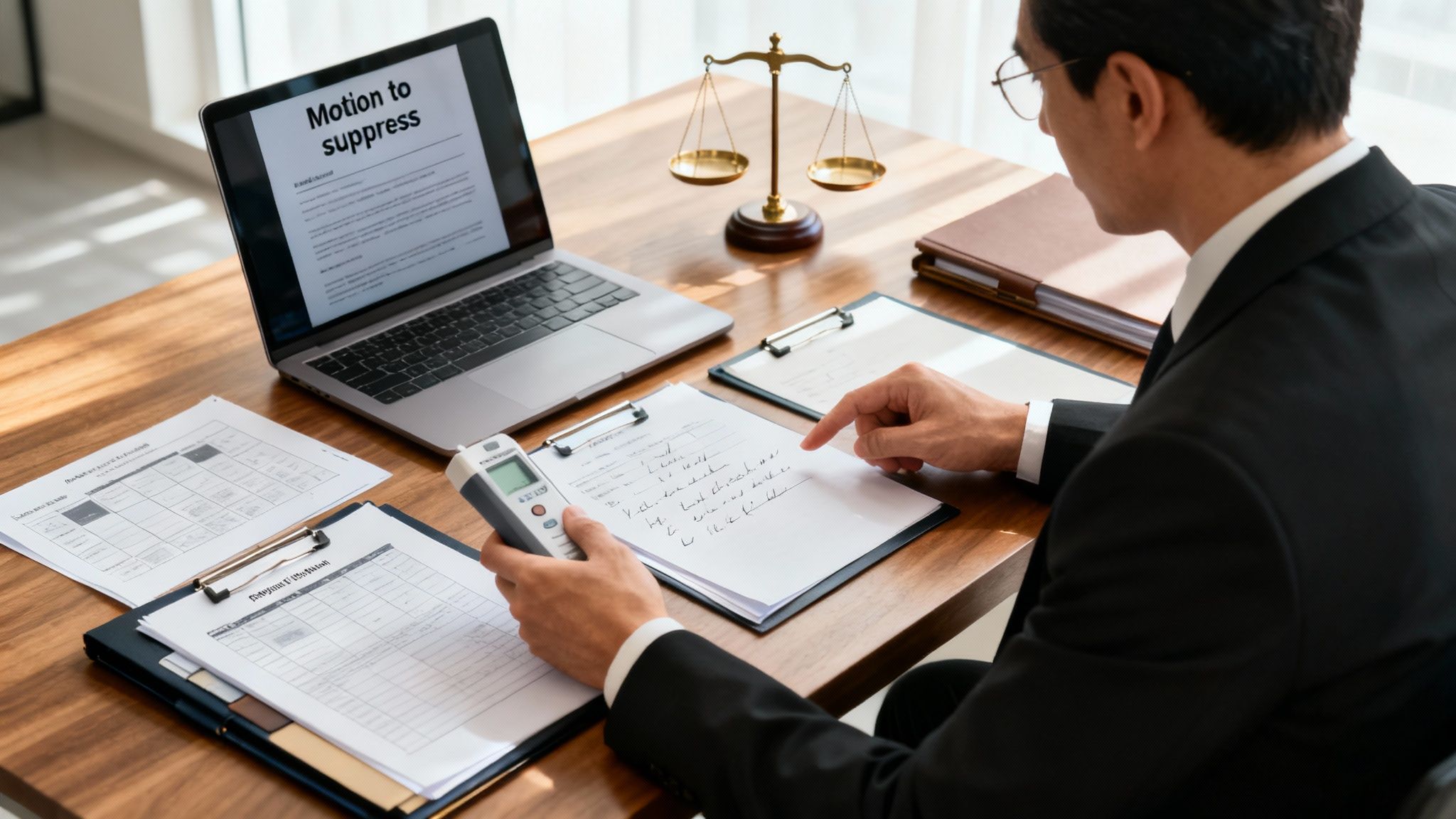Lawyer reviewing case notes and legal documents on desk with laptop displaying "Motion to suppress," symbolizing defense strategy against DWI charges in Texas.
