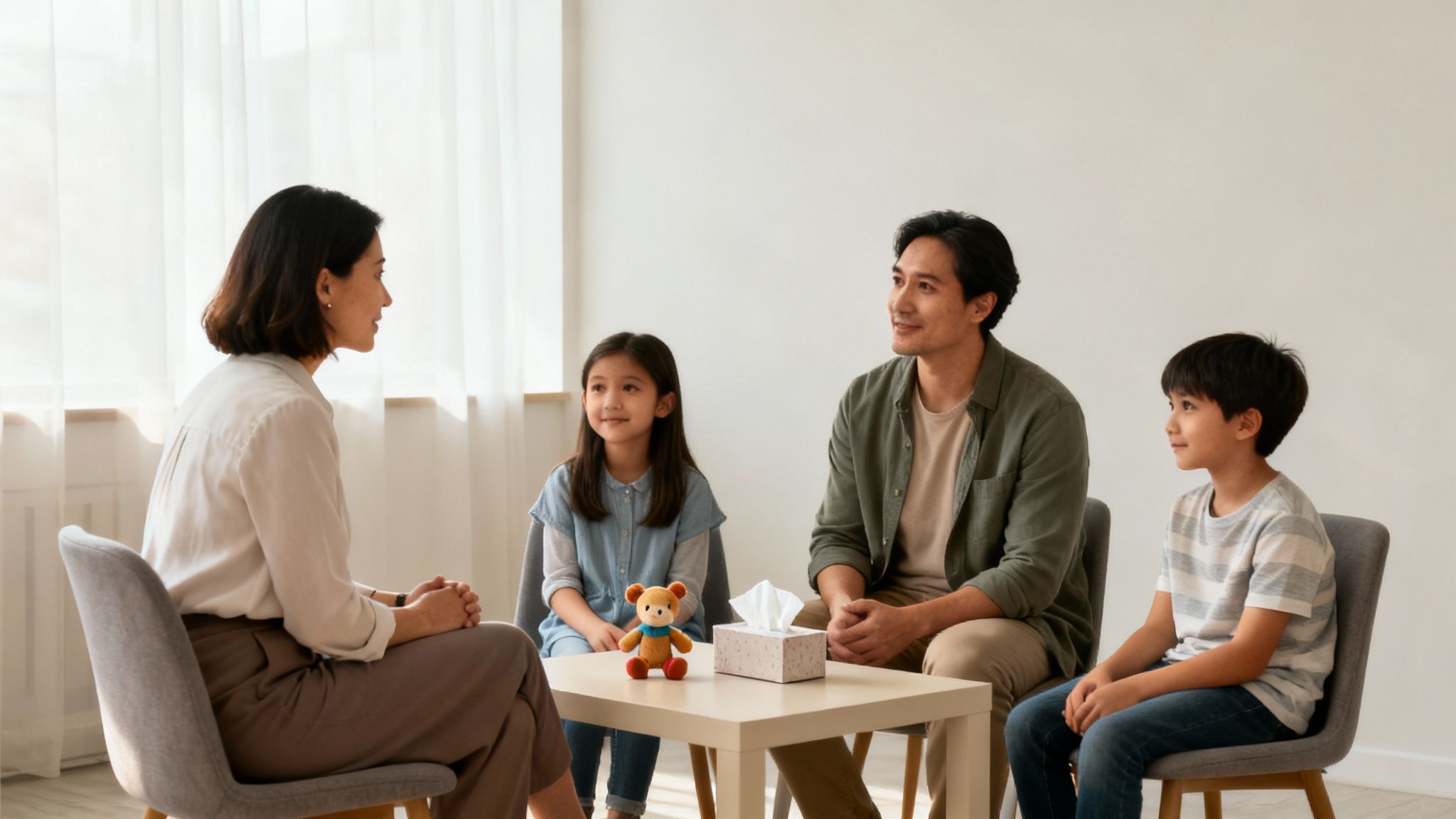 Female counselor speaks with a man, a young girl, and a boy in a brightly lit room.