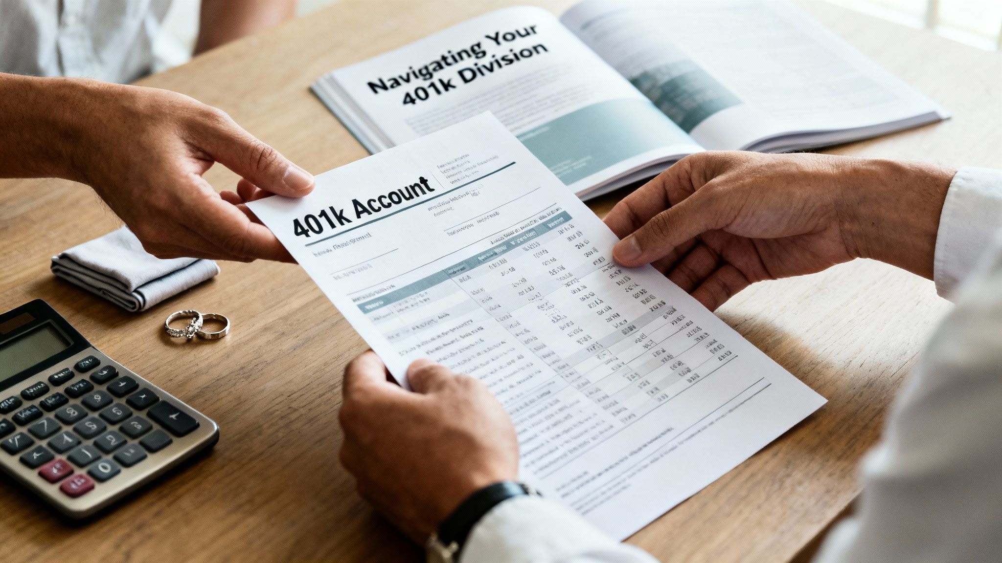 Close-up of hands reviewing 401k account details, with a calculator and wedding rings nearby on a wooden desk.