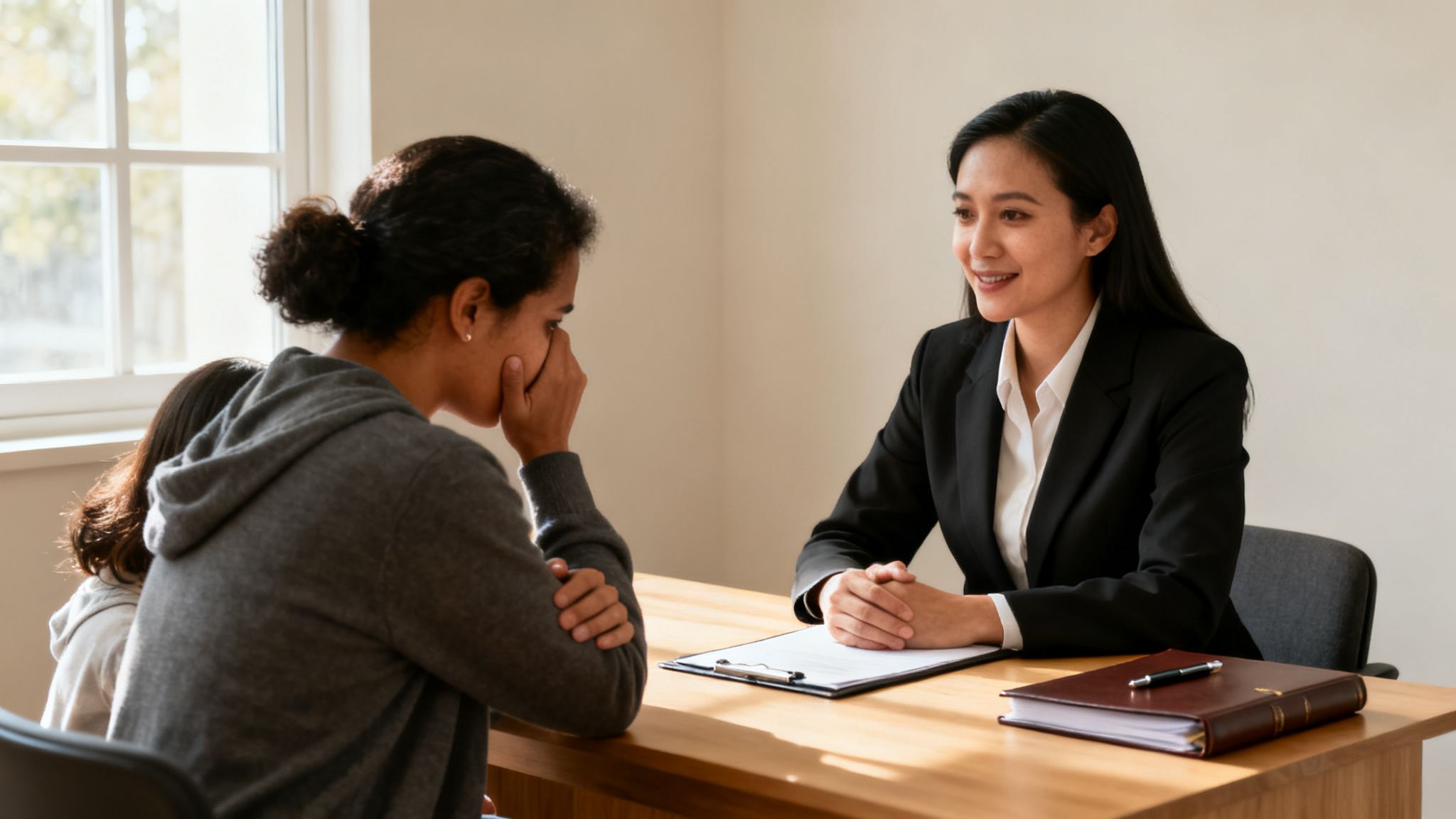 Mujer angustiada con niña habla con abogada sonriente en una oficina, discutiendo asuntos familiares.