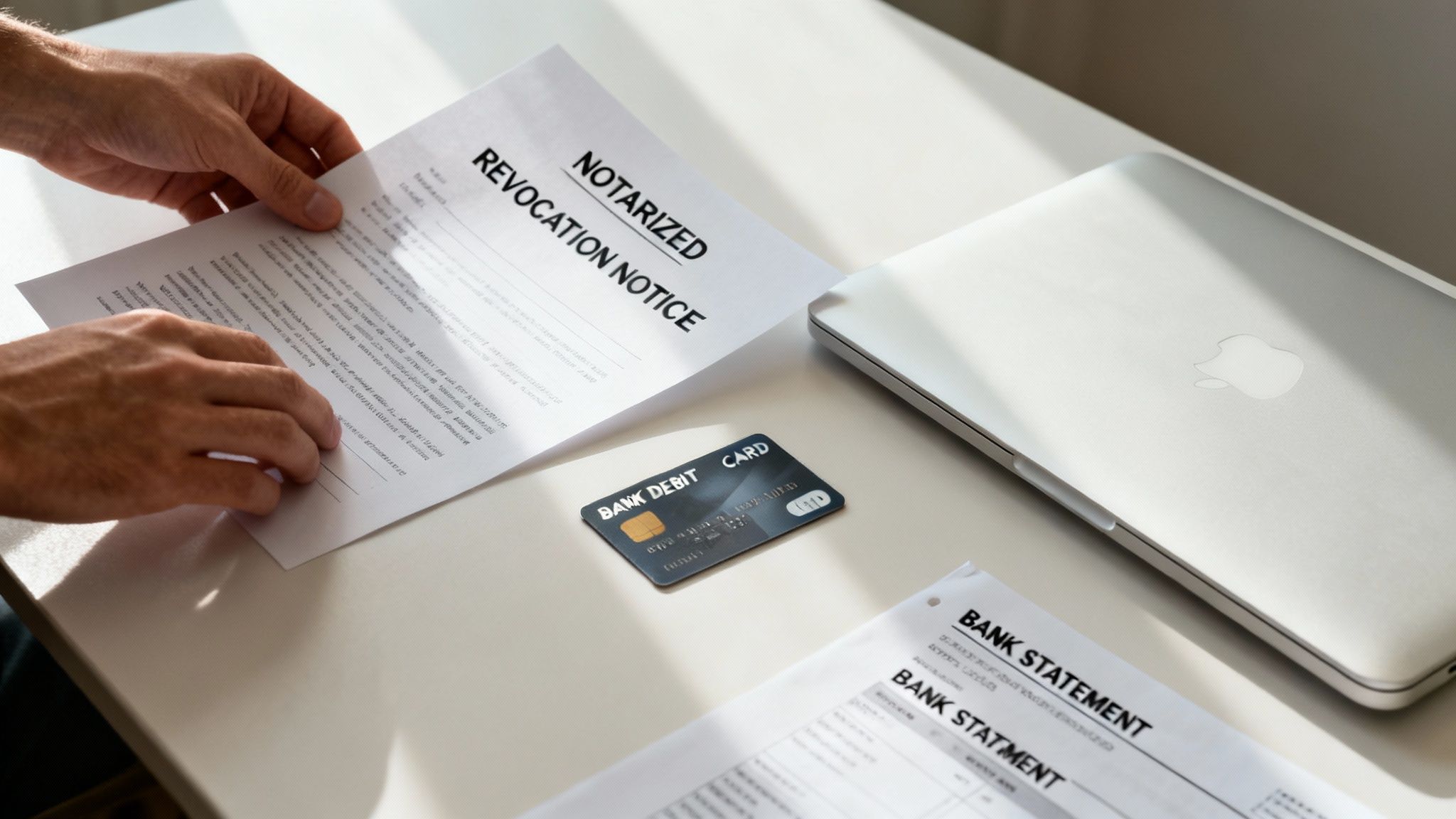 A person holds a notarized revocation notice, with a debit card, bank statement, and laptop on a white desk.