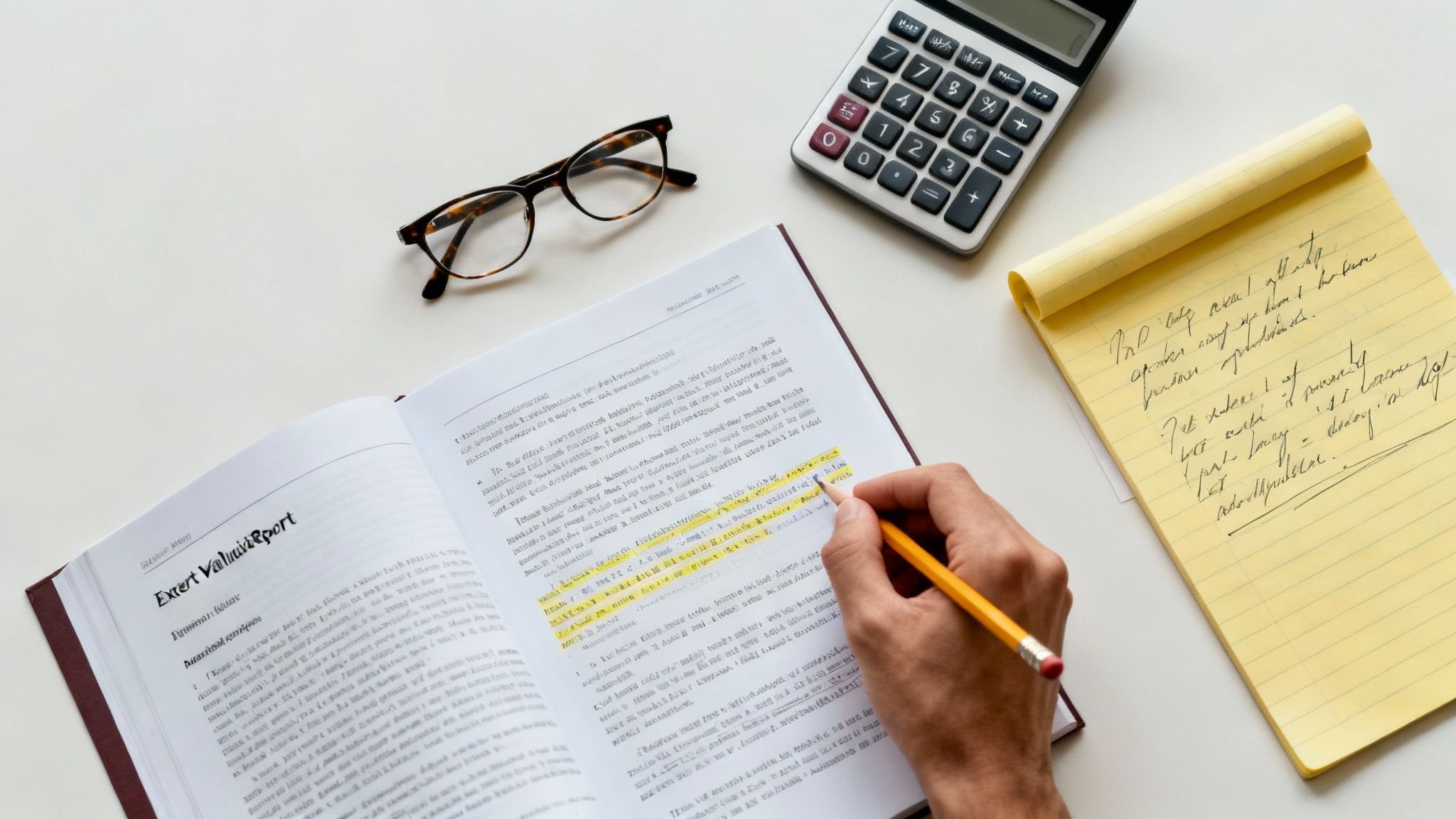 An attorney and a client reviewing a financial expert's report in a modern office.