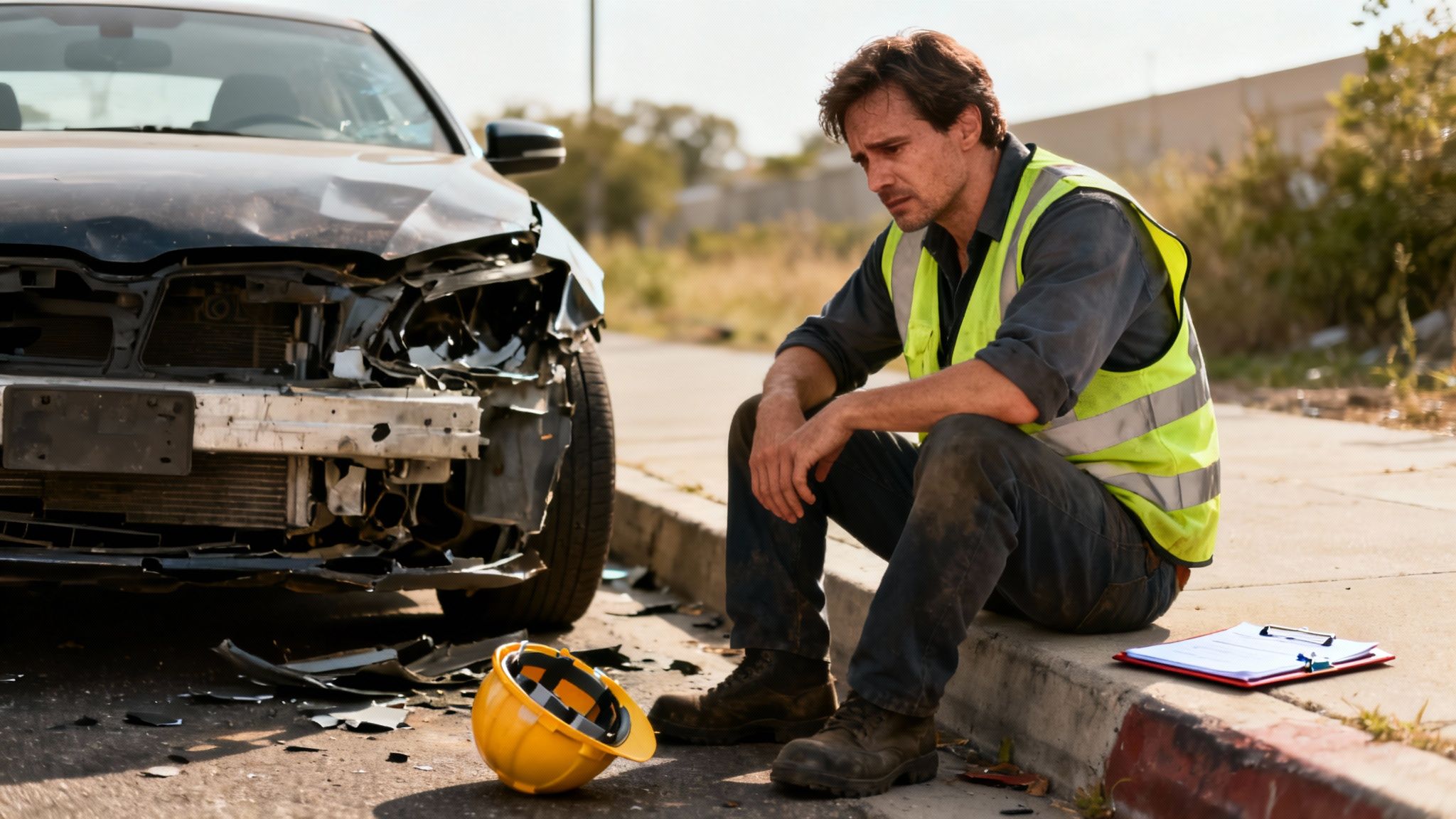 Distressed man in high-visibility vest sitting by a severely damaged car after an accident.