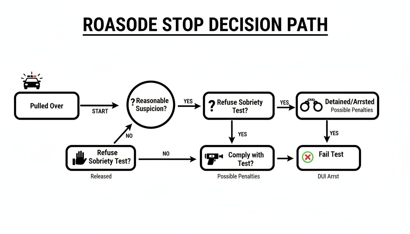 A flowchart titled 'ROASODE STOP DECISION PATH' illustrates steps from being pulled over to DUI arrest or release.
