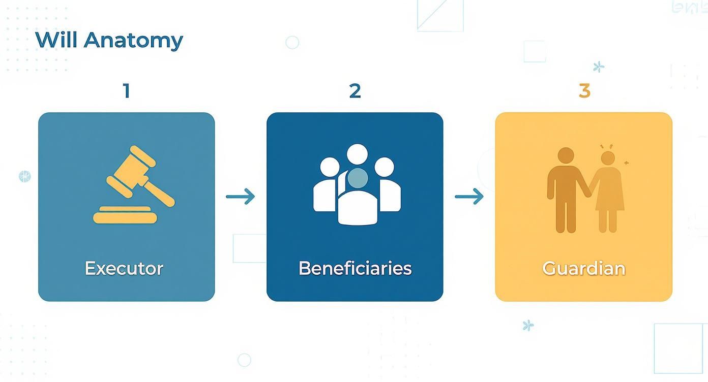 Diagram illustrating the three essential components of a will: Executor, Beneficiaries, and Guardian.