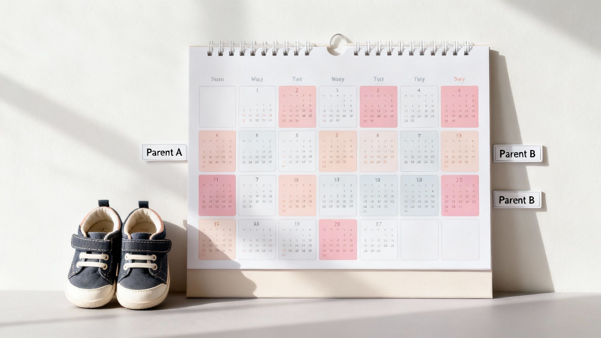 Baby shoes next to a calendar with 'Parent A' and 'Parent B' labels, illustrating a custody schedule.