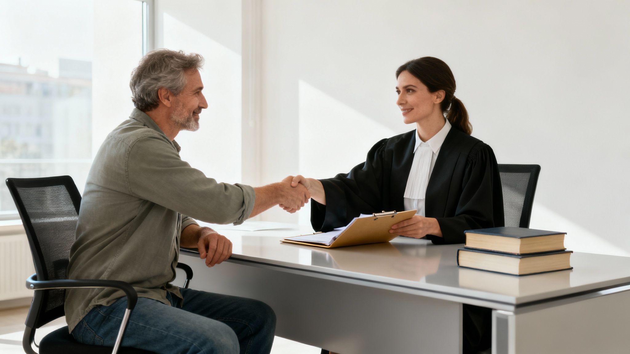 Man shaking hands with a female attorney in a courtroom setting, symbolizing legal representation and family law appeals in Texas.