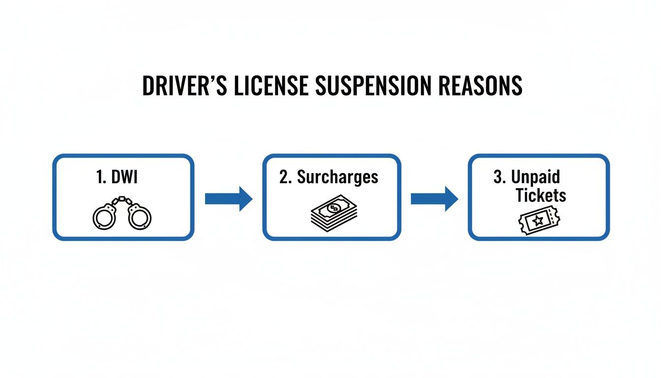 Driver's license suspension reasons infographic highlighting DWI, surcharges, and unpaid tickets, relevant to license reinstatement in Texas.