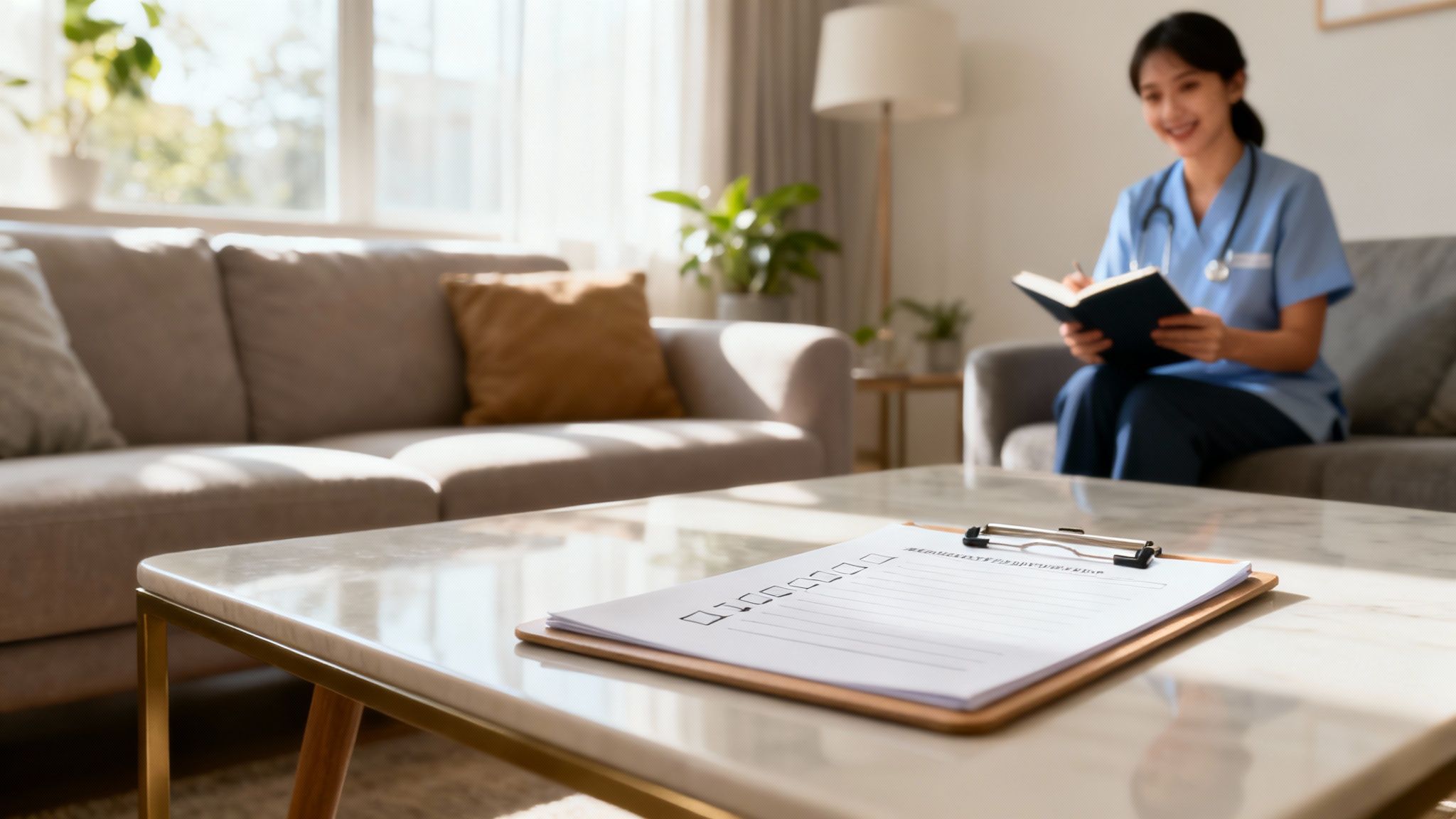 Nurse sitting on a couch, writing in a notebook, with a clipboard and checklist on a coffee table, in a warm and inviting home environment, reflecting the supportive atmosphere of the Texas adoption home study process.
