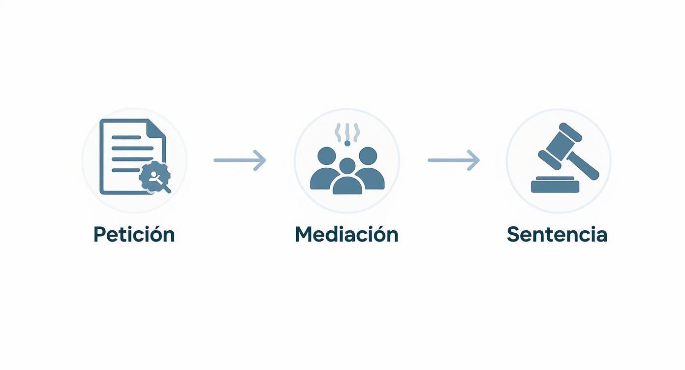 Diagrama de flujo que ilustra el proceso legal: una petición, seguida de mediación y, finalmente, una sentencia judicial.