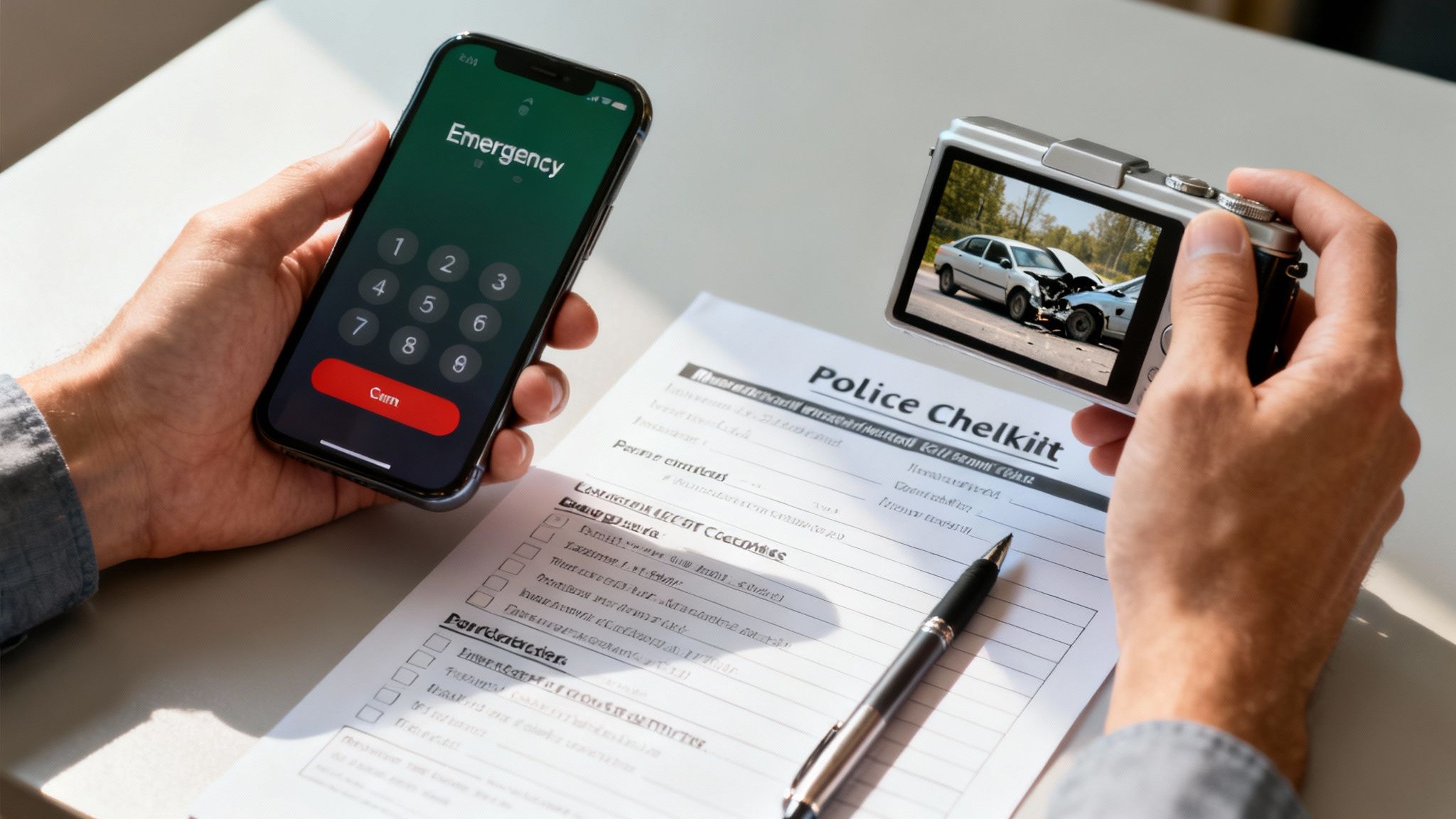 A person holding a smartphone on emergency dial and a camera showing a car accident, with a police report form.