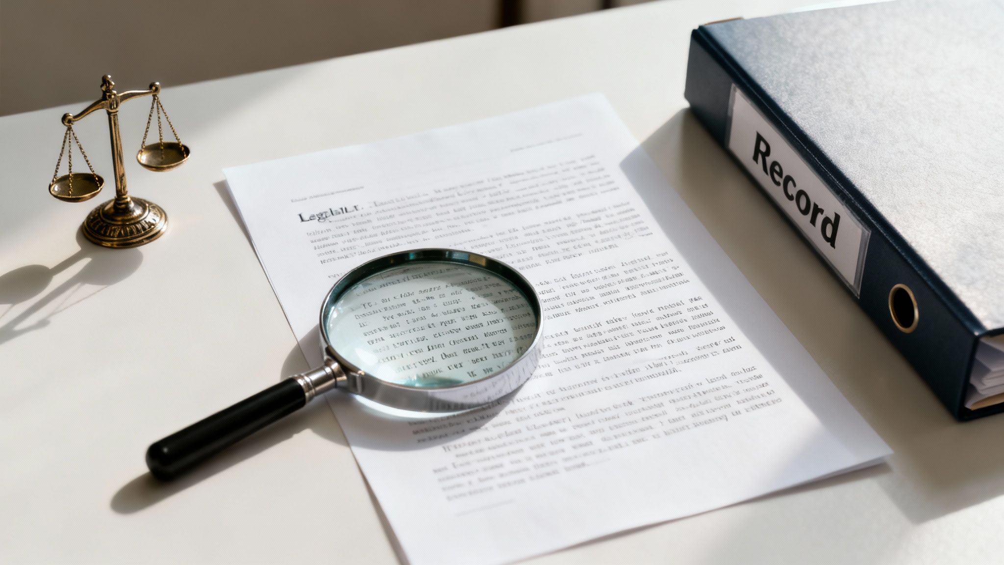 A legal document with a magnifying glass, scales of justice, and a record binder on a desk.