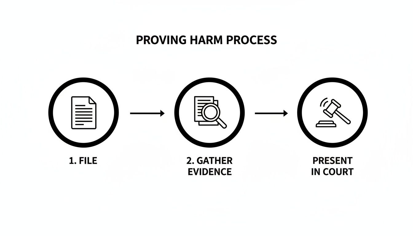 Flowchart illustrating the three-step proving harm legal process: file, gather evidence, present in court.