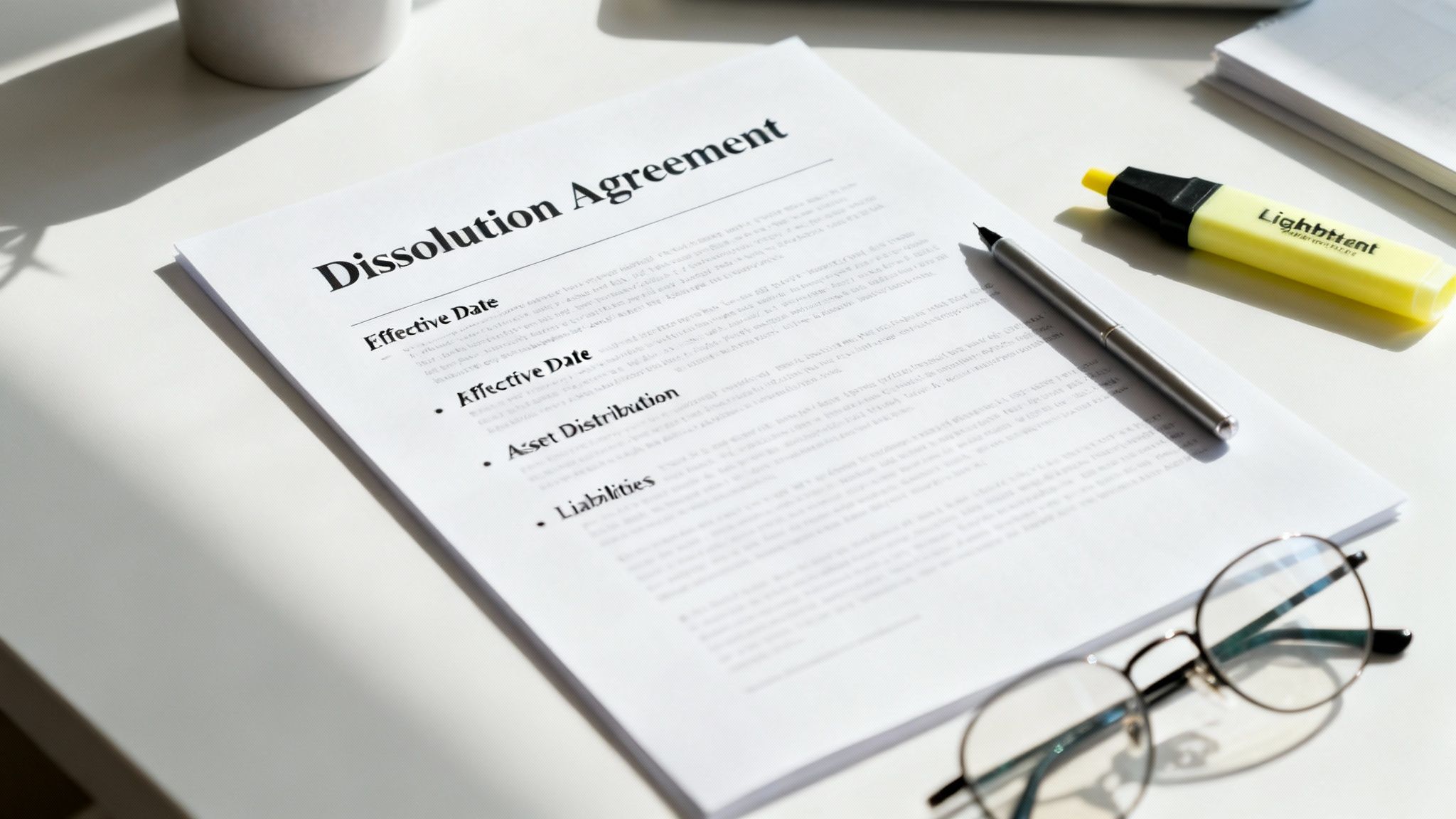 A Dissolution Agreement document with a pen, yellow highlighter, and eyeglasses on a white desk.