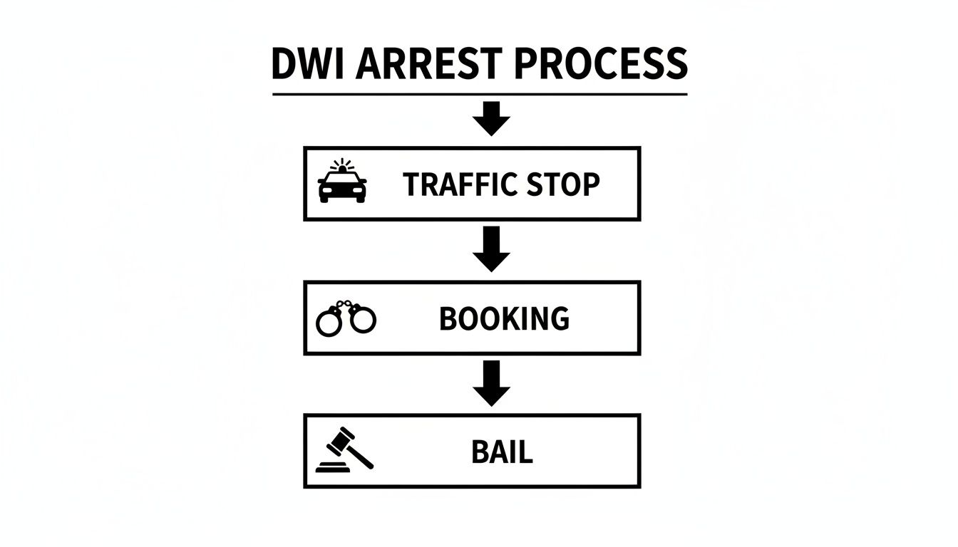 A flowchart visually outlining the DWI arrest process, including traffic stop, booking, and bail.