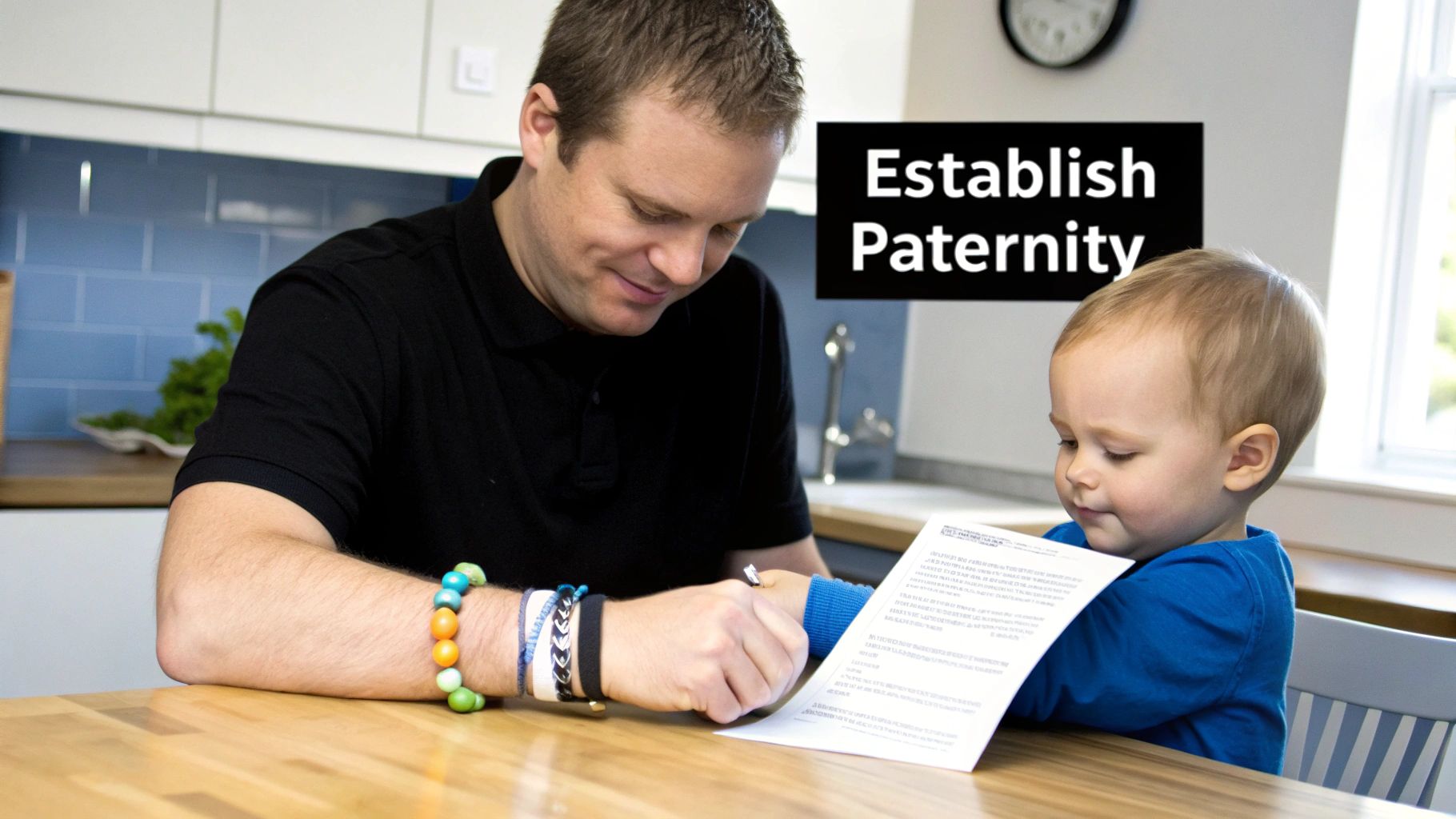 A father and a baby sit at a table, looking at documents to establish paternity.