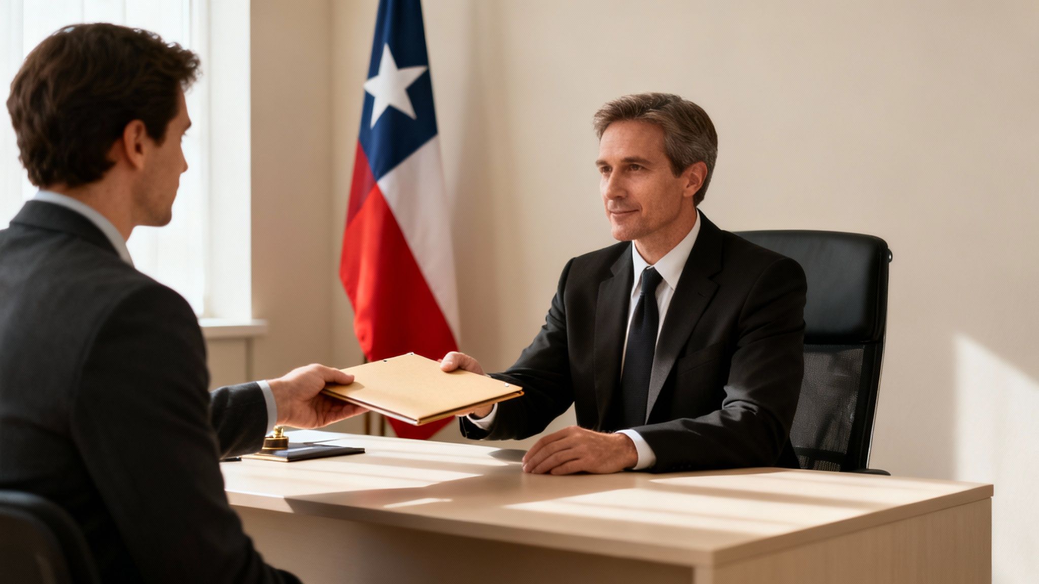 Two professional men in suits exchanging a brown folder across a desk in a government office.