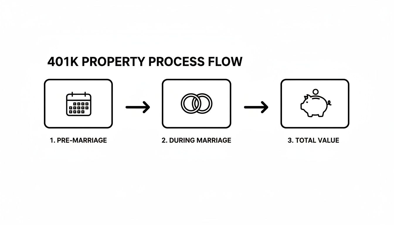 Flowchart depicting the 401k property process, detailing pre-marriage, during marriage, and total value.
