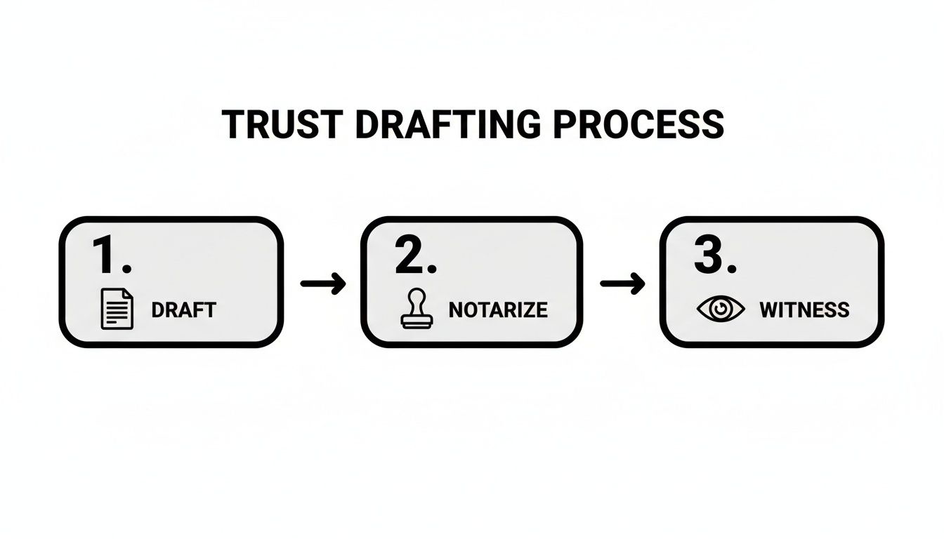 Trust drafting process steps: draft, notarize, witness, illustrating essential stages for creating a living trust in Texas.