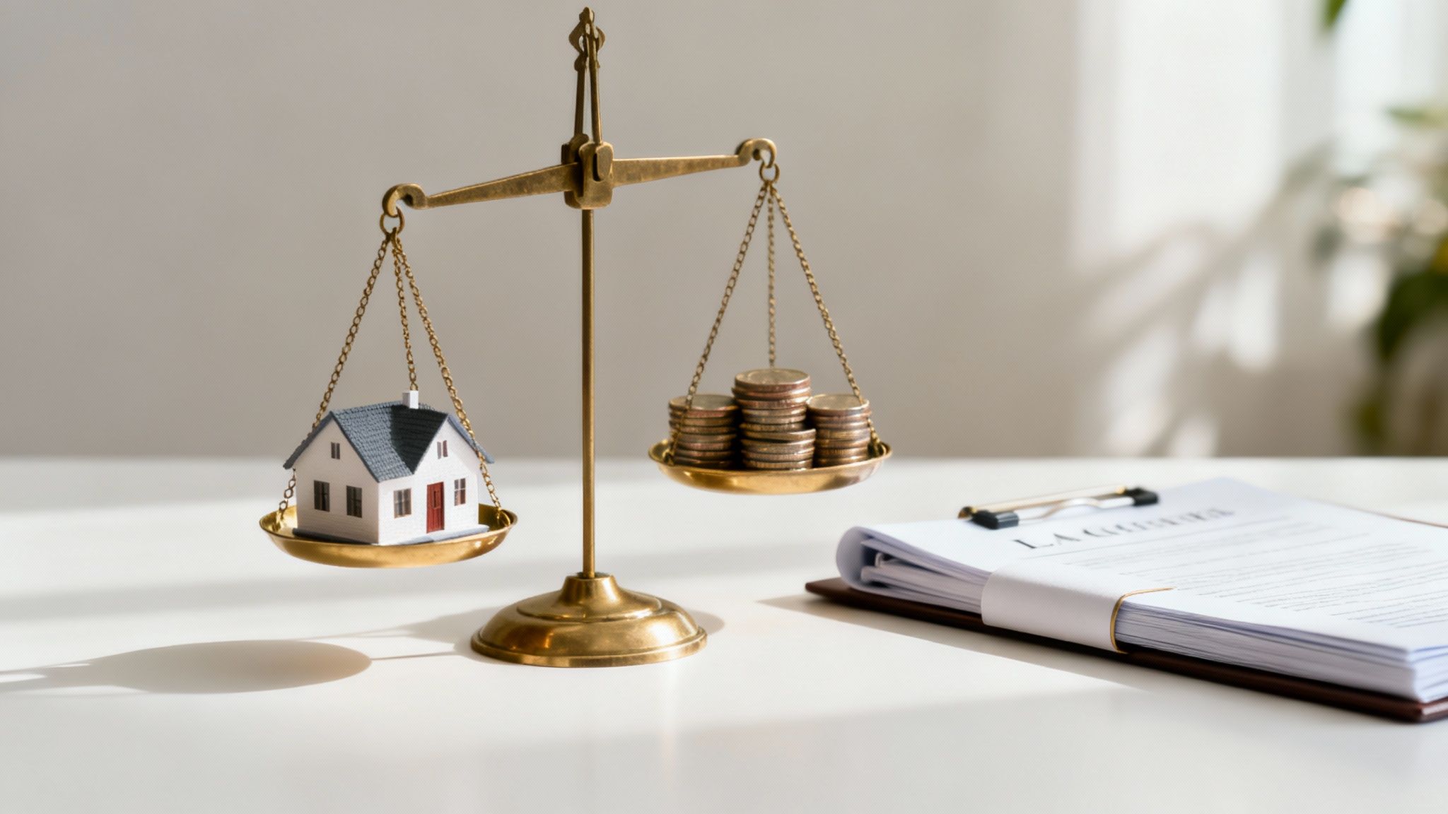 Scales of justice balancing a miniature house and stacks of coins, with legal documents in the background, symbolizing probate attorney fees and estate valuation.