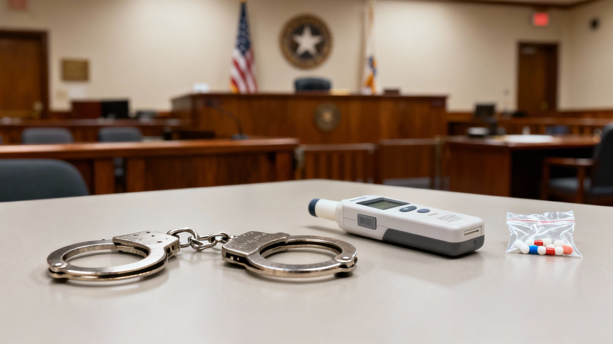 Esposas, dispositivo de prueba de alcoholemia y evidencia de drogas sobre mesa en sala de tribunal