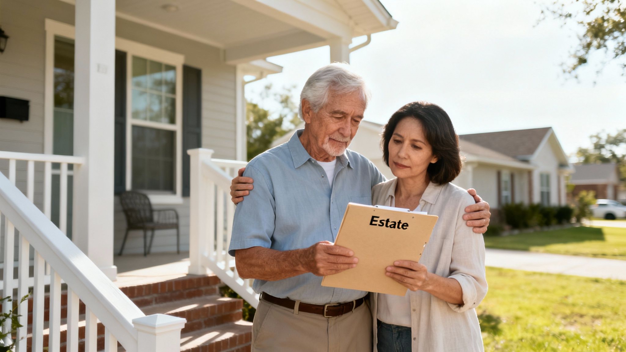 Elderly couple reviewing 'Estate' documents on a clipboard outside their home.
