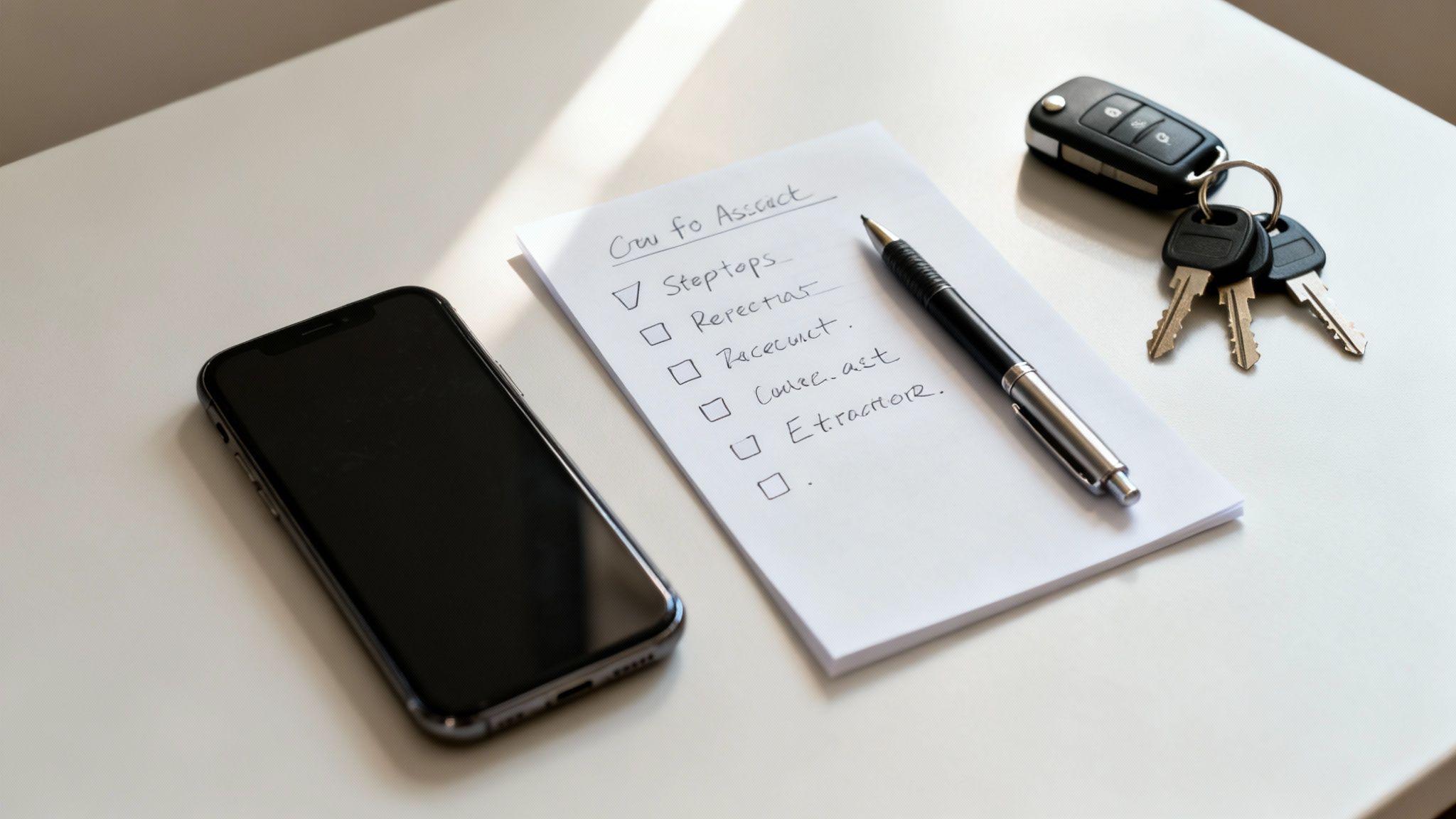Checklist for immediate steps after a DWI arrest, featuring a smartphone, a pen, and car keys on a desk, emphasizing the importance of planning for DWI defense in Texas.