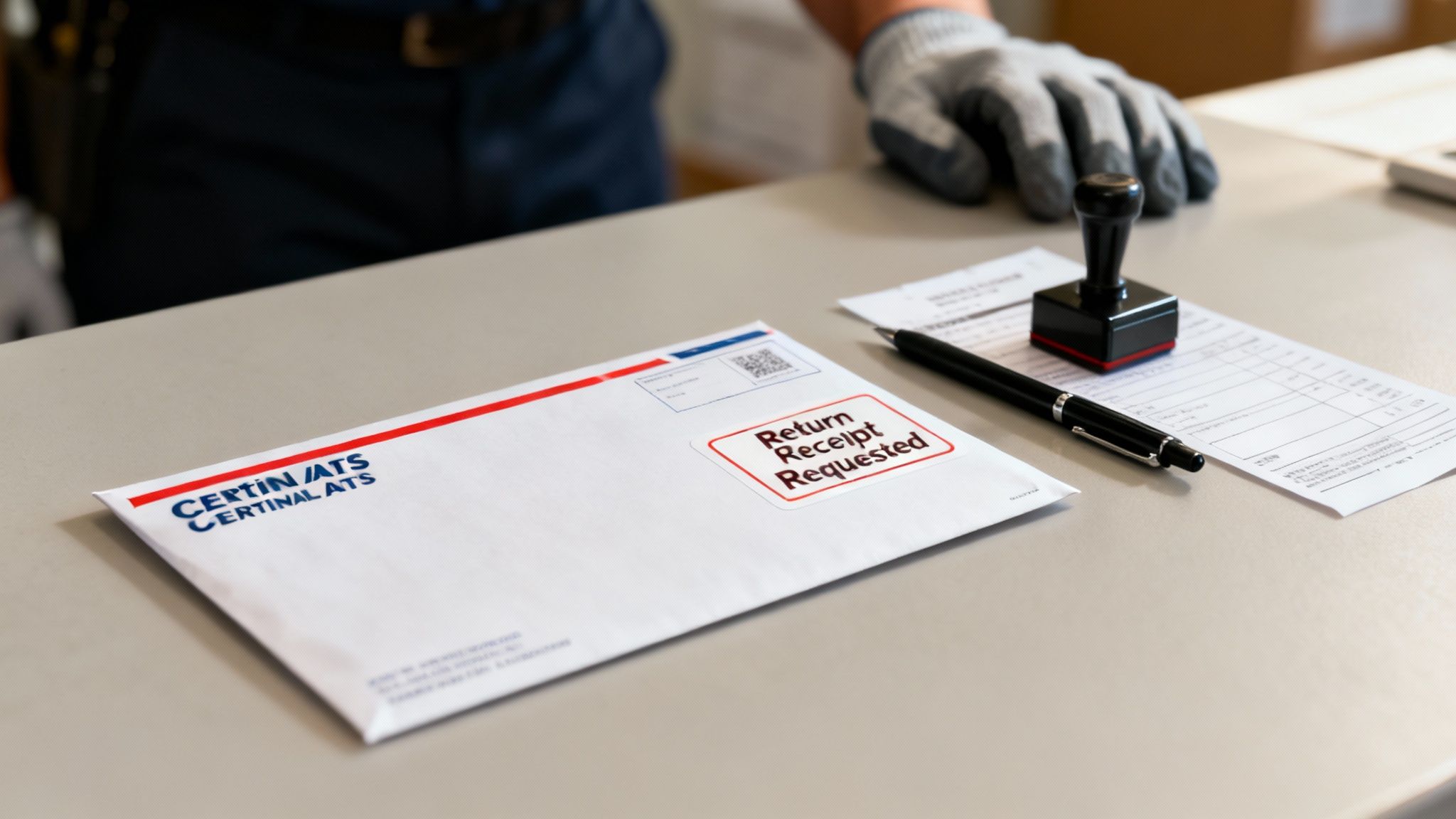 Envelope marked "Return Receipt Requested" on a table with a pen and stamped delivery form, illustrating certified mail process for lease termination notice.
