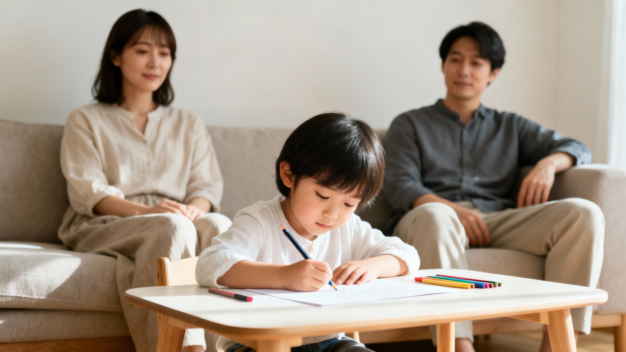 Child drawing at a table with colored pencils, while parents observe from a couch, symbolizing the emotional impact of divorce on family dynamics and co-parenting.
