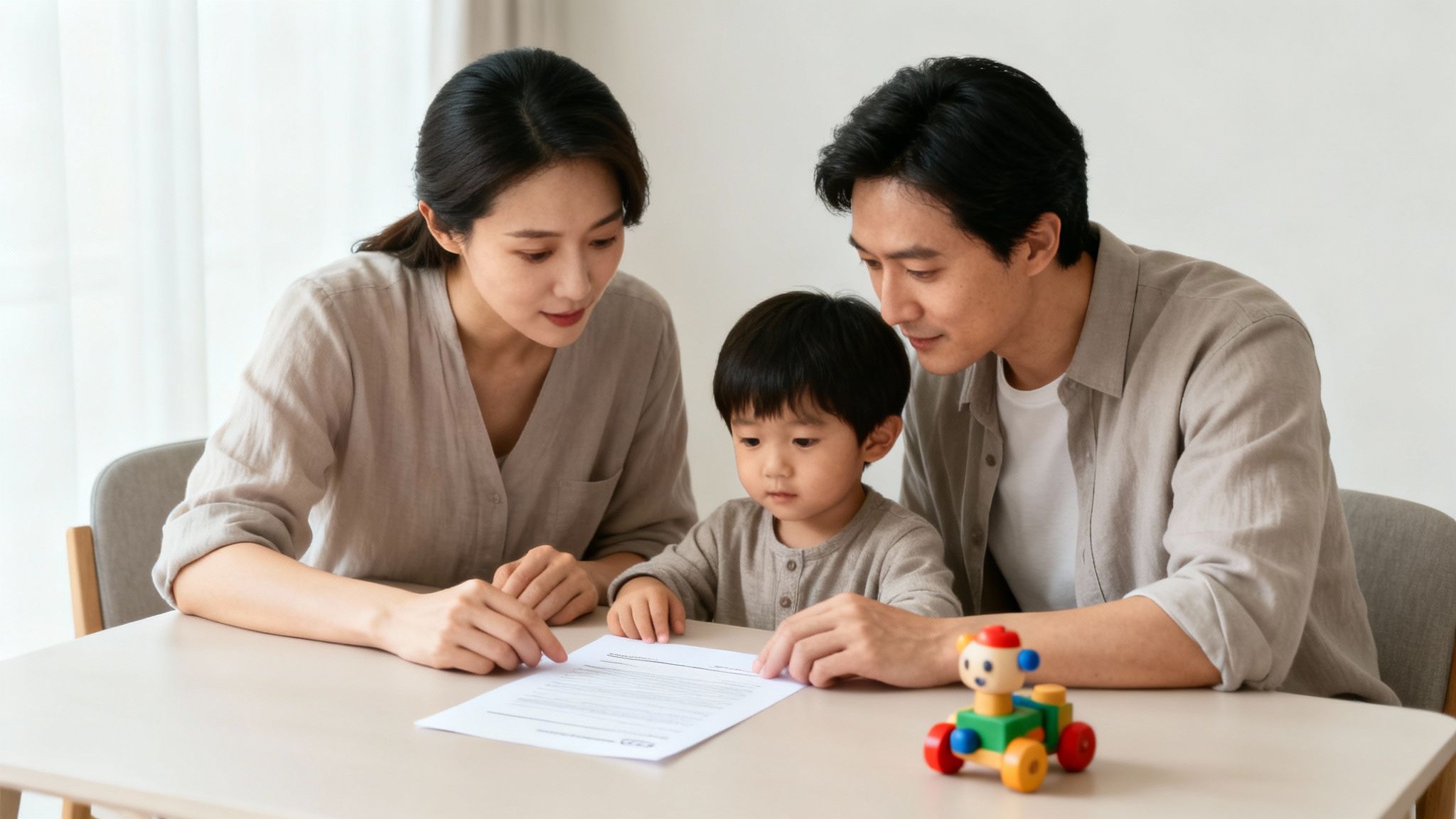 Una familia asiática, padres e hijo, sentada en una mesa, mirando atentamente un documento.