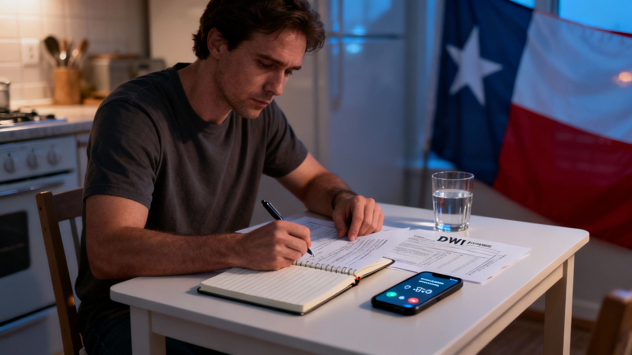 Man writing notes about DWI charges at a table, Texas flag in background, legal documents and phone displaying a call on the table.