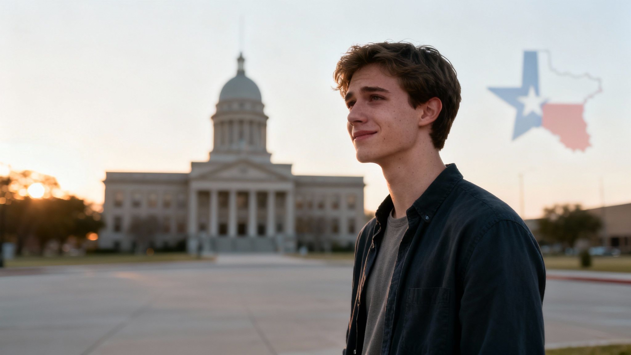 Young man smiles confidently before a grand building and Texas outline at golden hour.