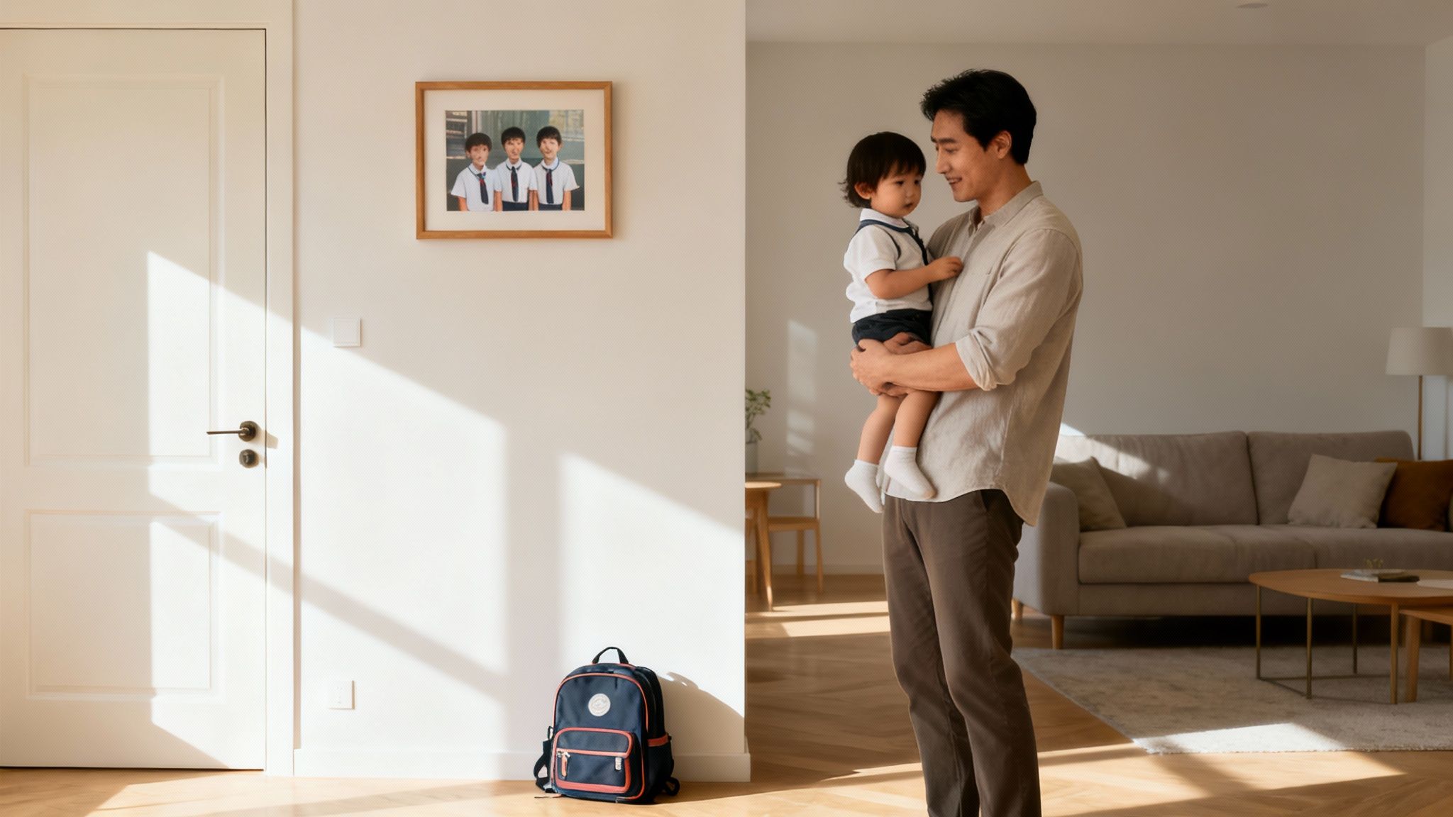 A loving father holds his young child in a sunlit home, near a framed photo of older children.
