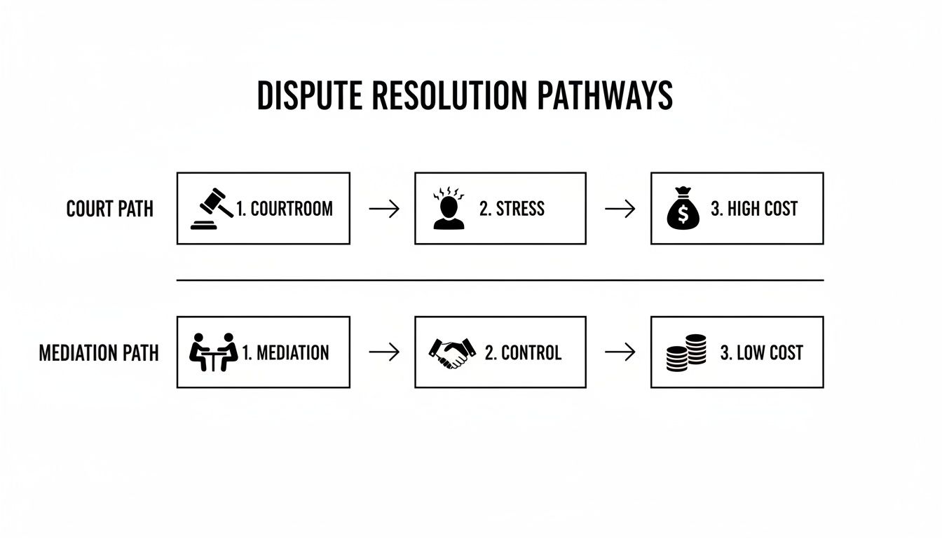 An infographic comparing court path dispute resolution (stress, high cost) versus mediation path (control, low cost).