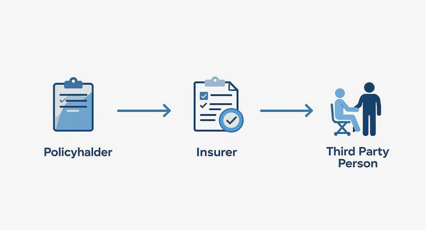 Infographic showing the process flow of a third-party insurance claim, with icons for the policyholder, insurer, and injured third party.