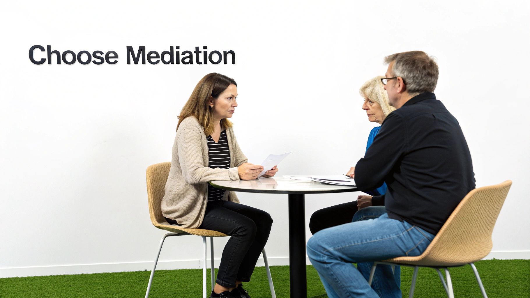 Three people, two women and a man, engaged in a discussion at a mediation table.