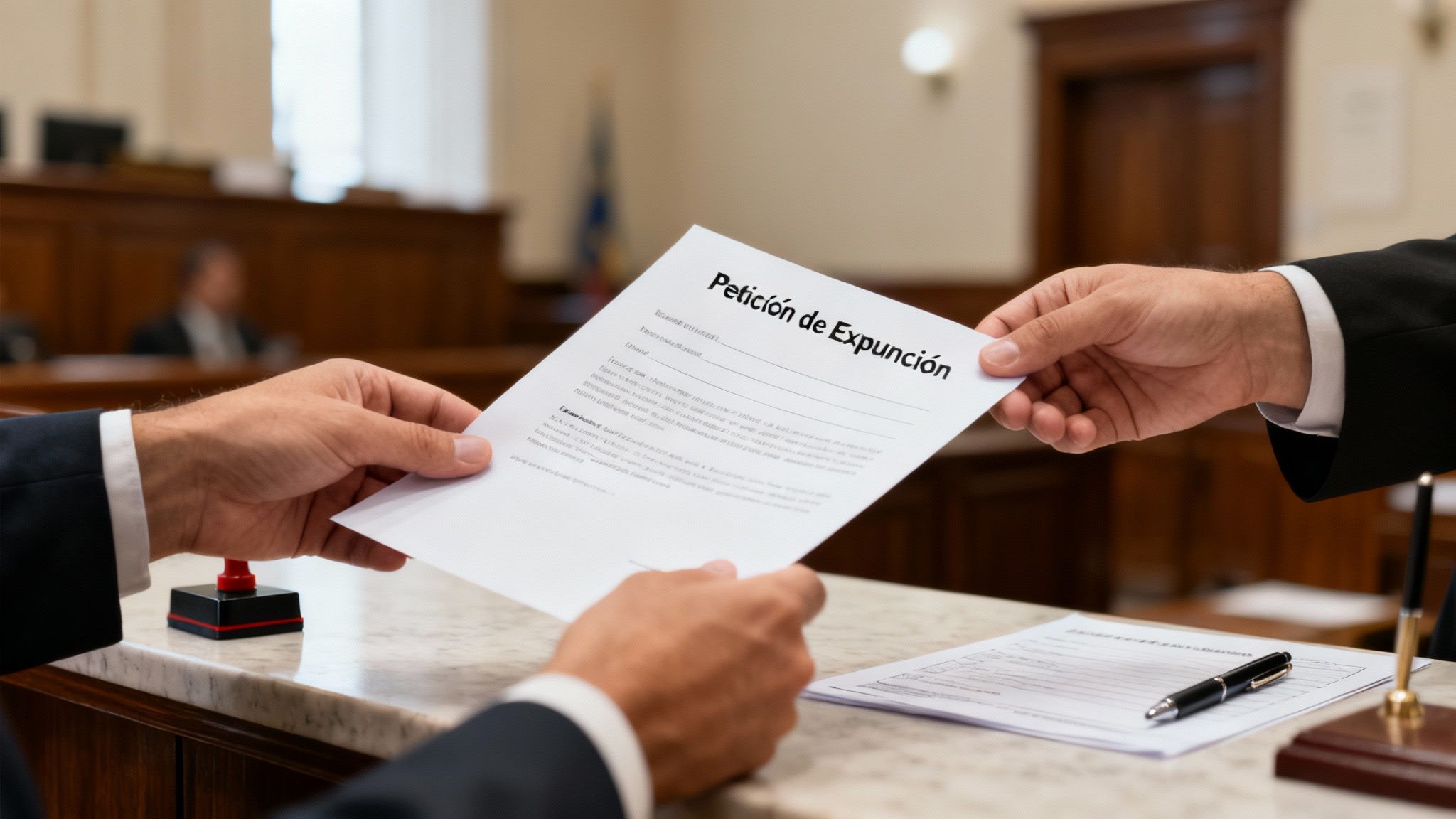 Manos intercambiando una petición de expunción en una oficina legal o tribunal.