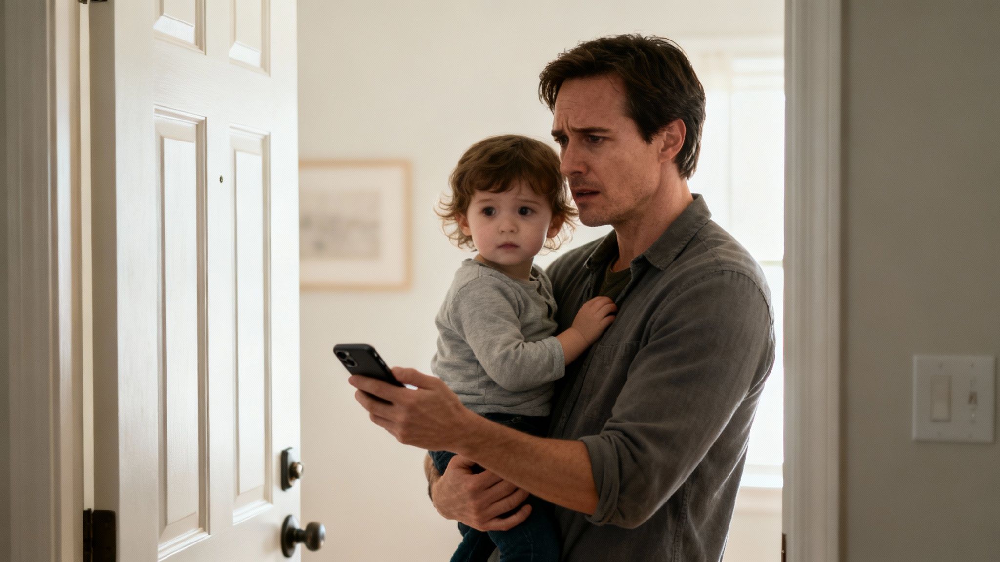 A worried man holds a baby, looking at his phone by a white door.