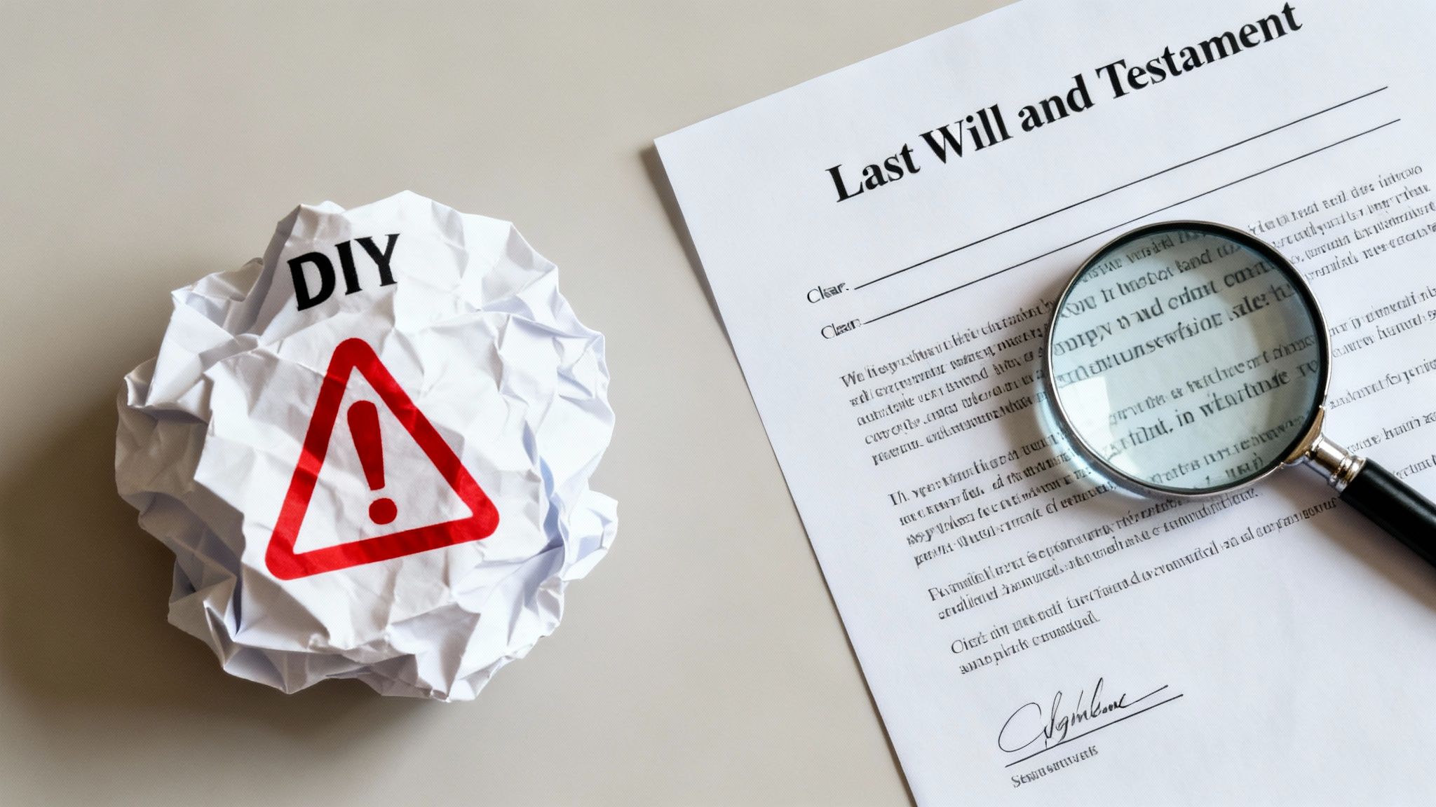 Crumpled DIY warning sign next to a Last Will and Testament document with a magnifying glass.