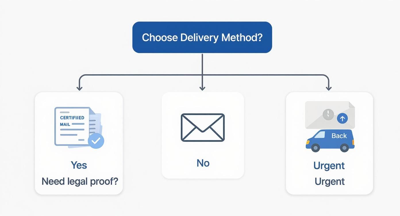 Flowchart illustrating delivery method options for legal documents, highlighting Certified Mail for proof, standard mail, and urgent delivery options.