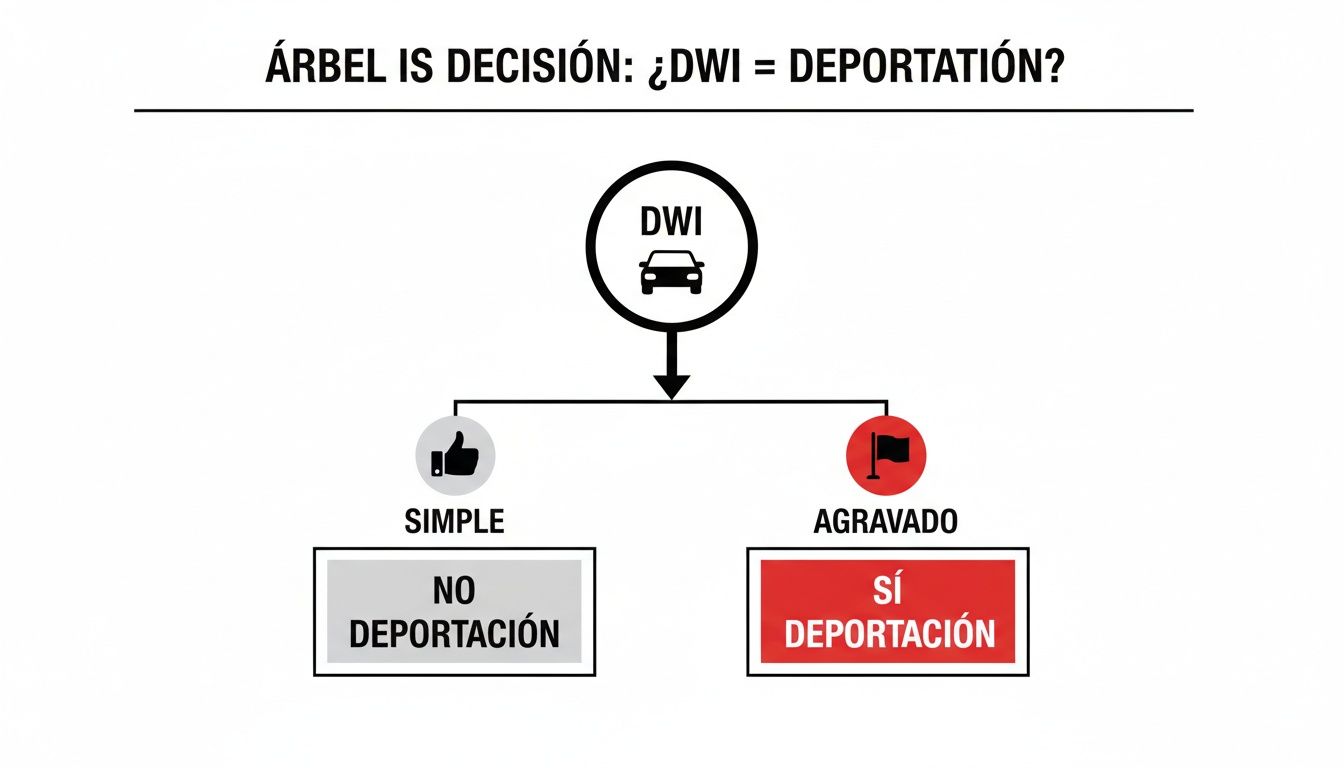 Diagrama de flujo sobre DWI y deportación: simple no resulta en deportación, agravado sí, con iconos.