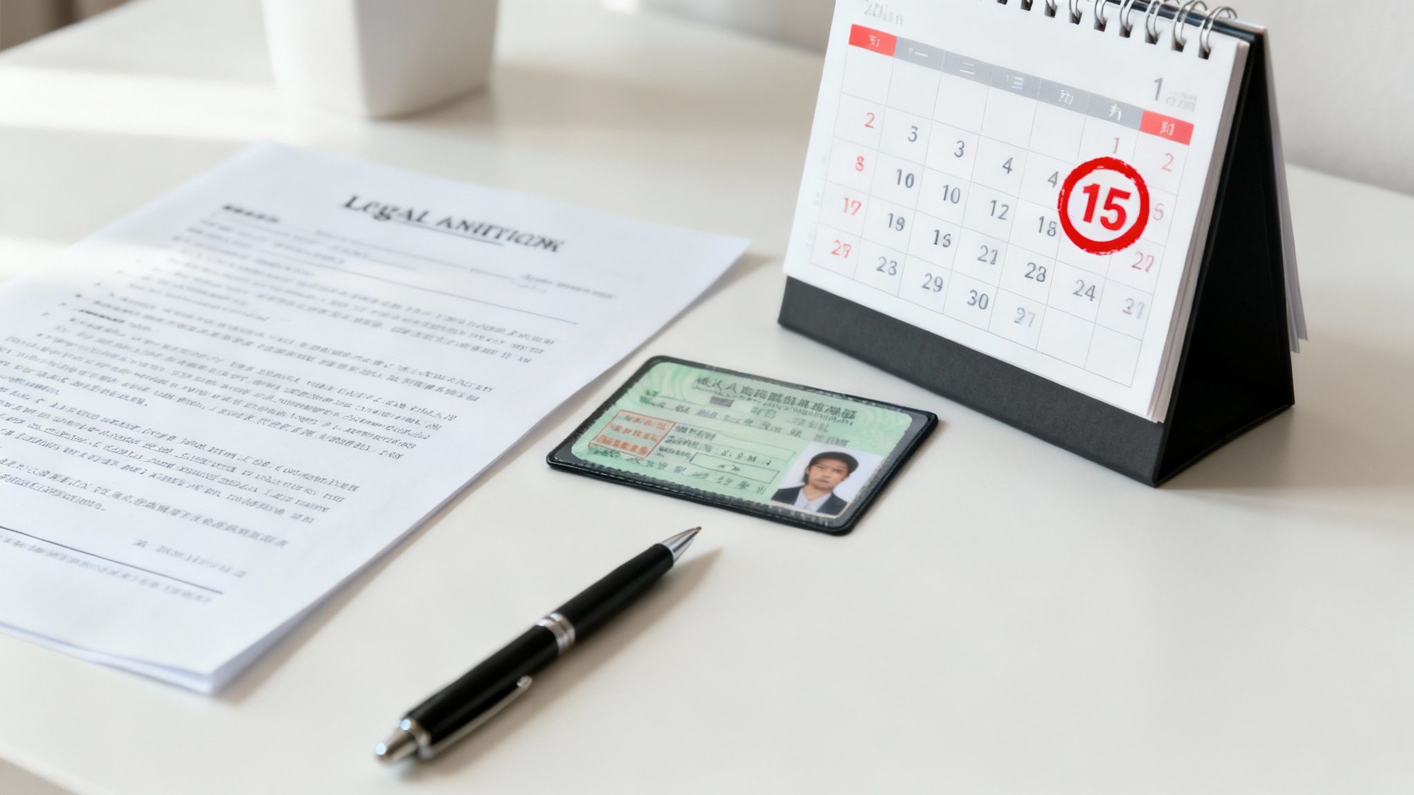 Legal document and calendar marked with the 15th, alongside an ID card, symbolizing the urgency of the Administrative License Revocation process following a DWI arrest in Texas.